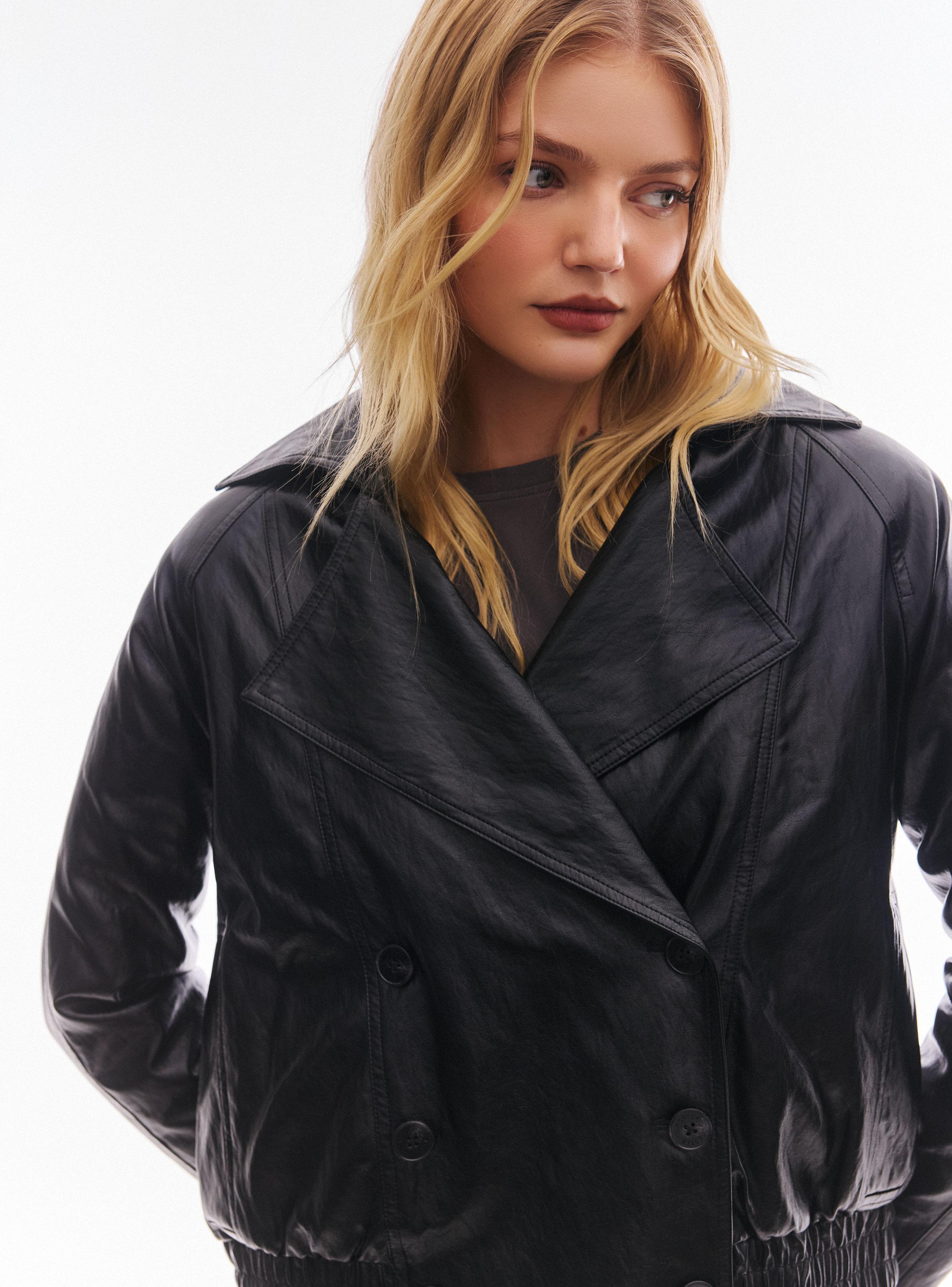 Chaqueta Efecto Cuero Cuello Pelo-2