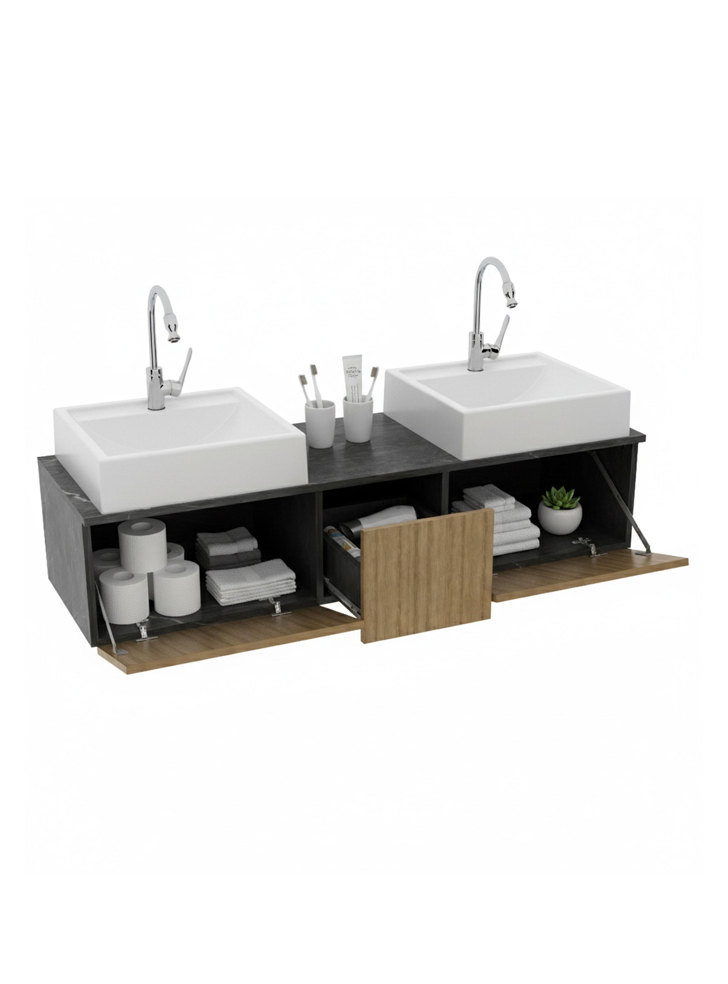 Vanitorio de Baño Doble con Lavamano + 2 Puertas y  1 Cajón Café-4