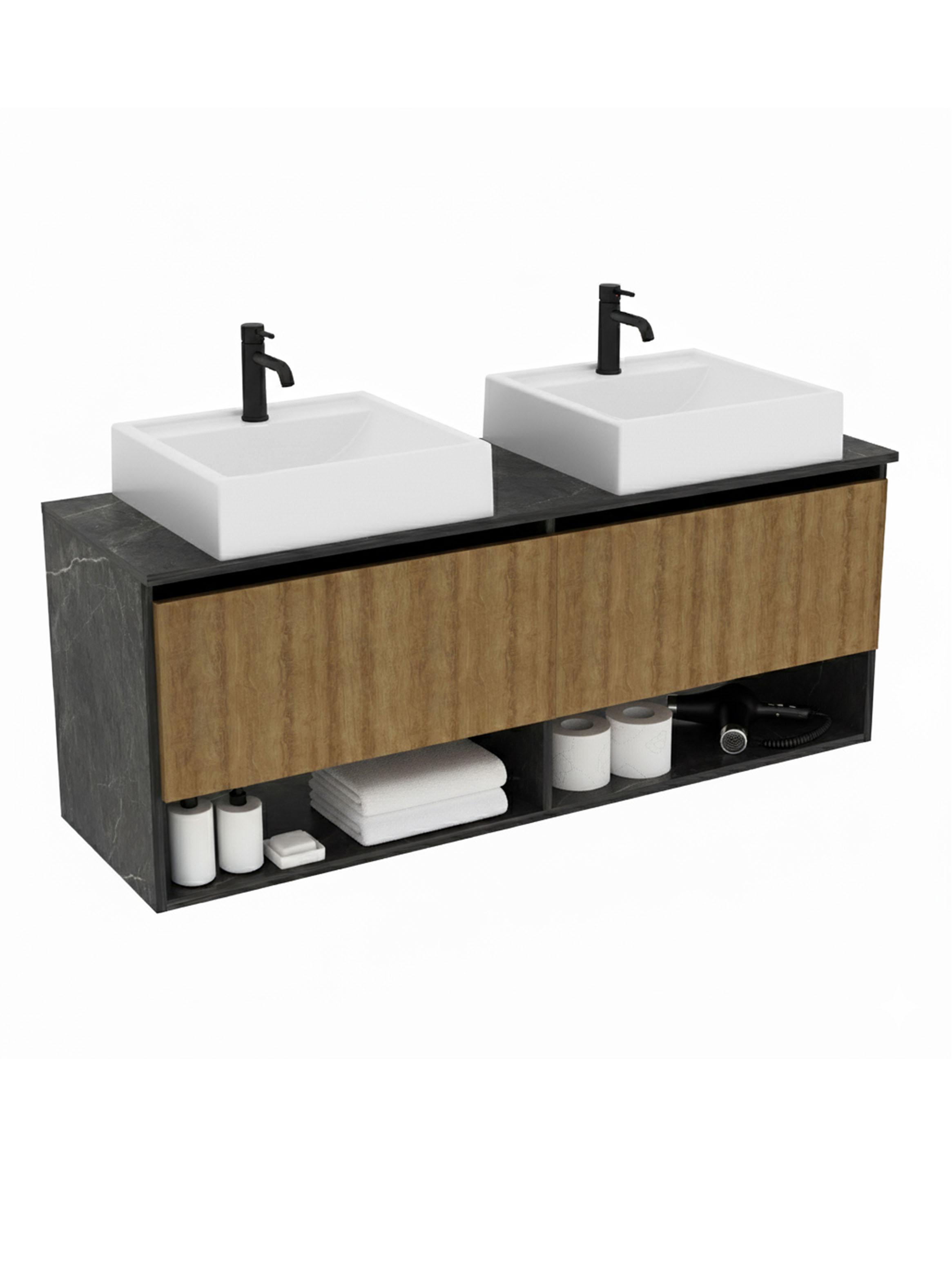 Mueble Lavamanos Aéreo Doble Café-3