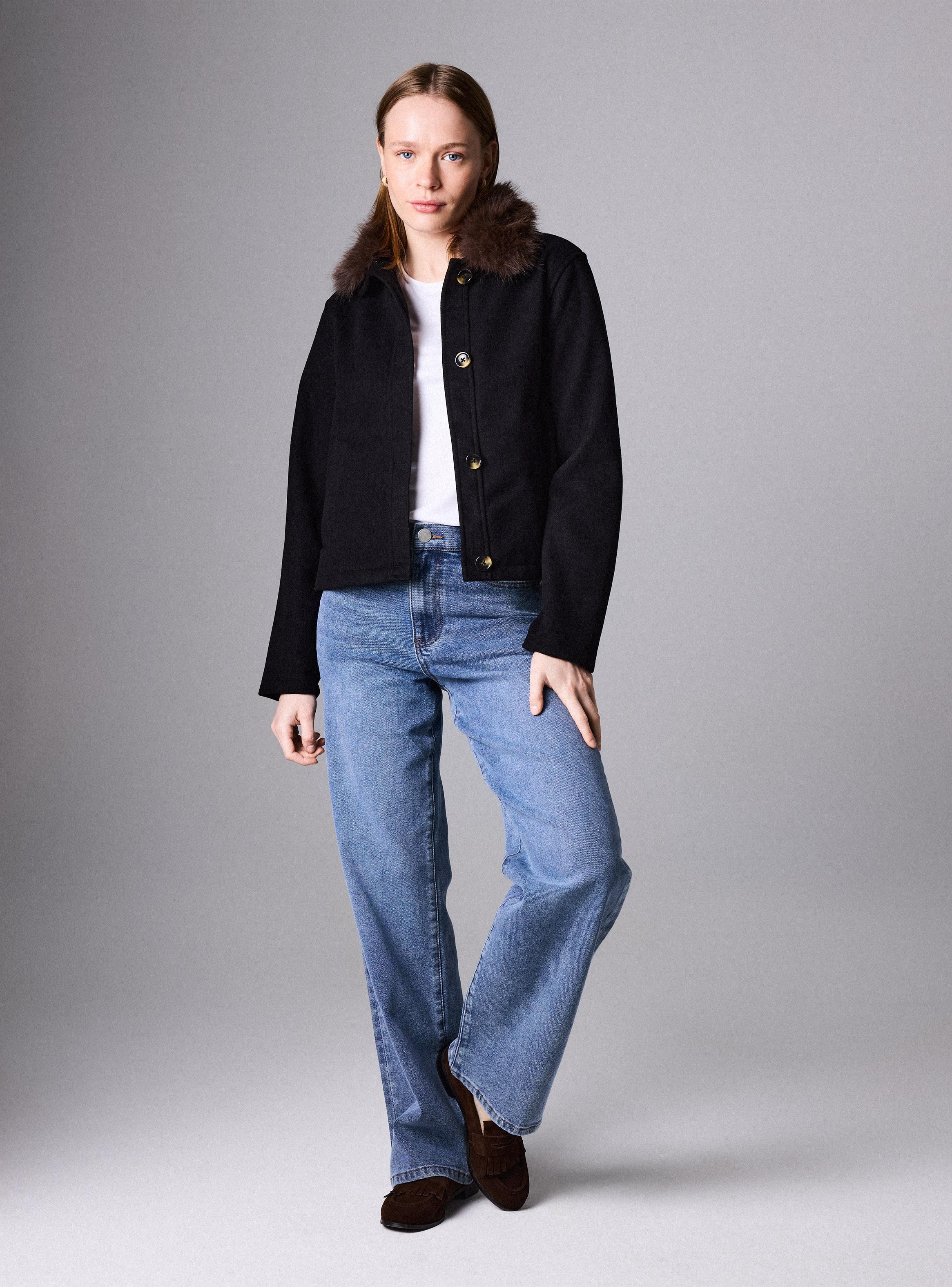 Chaqueta de Paño con Cuello de Pelo Sintético Corte Recto-4