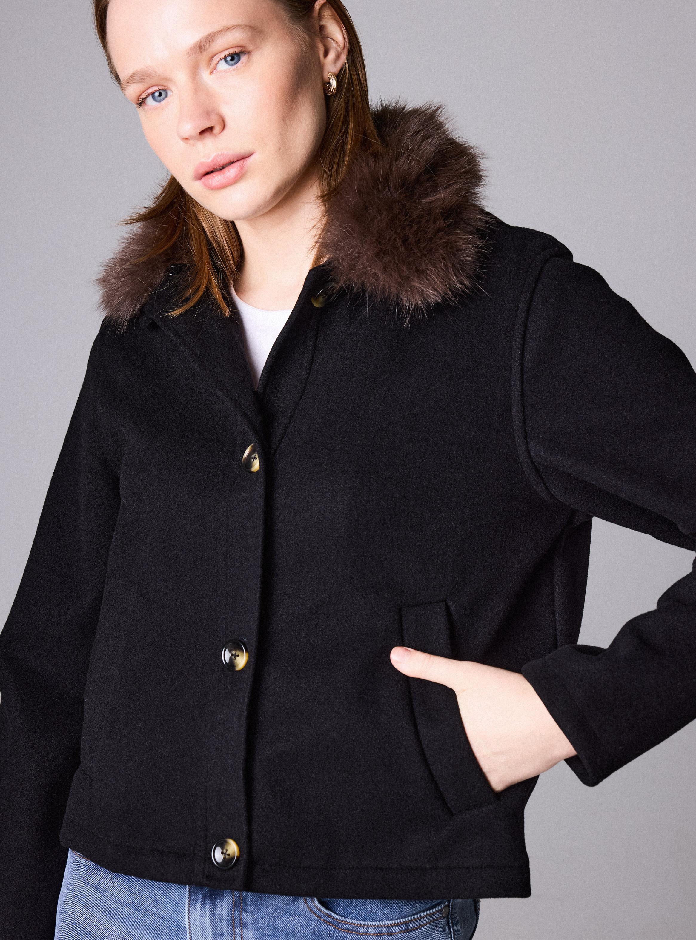Chaqueta de Paño con Cuello de Pelo Sintético Corte Recto-2