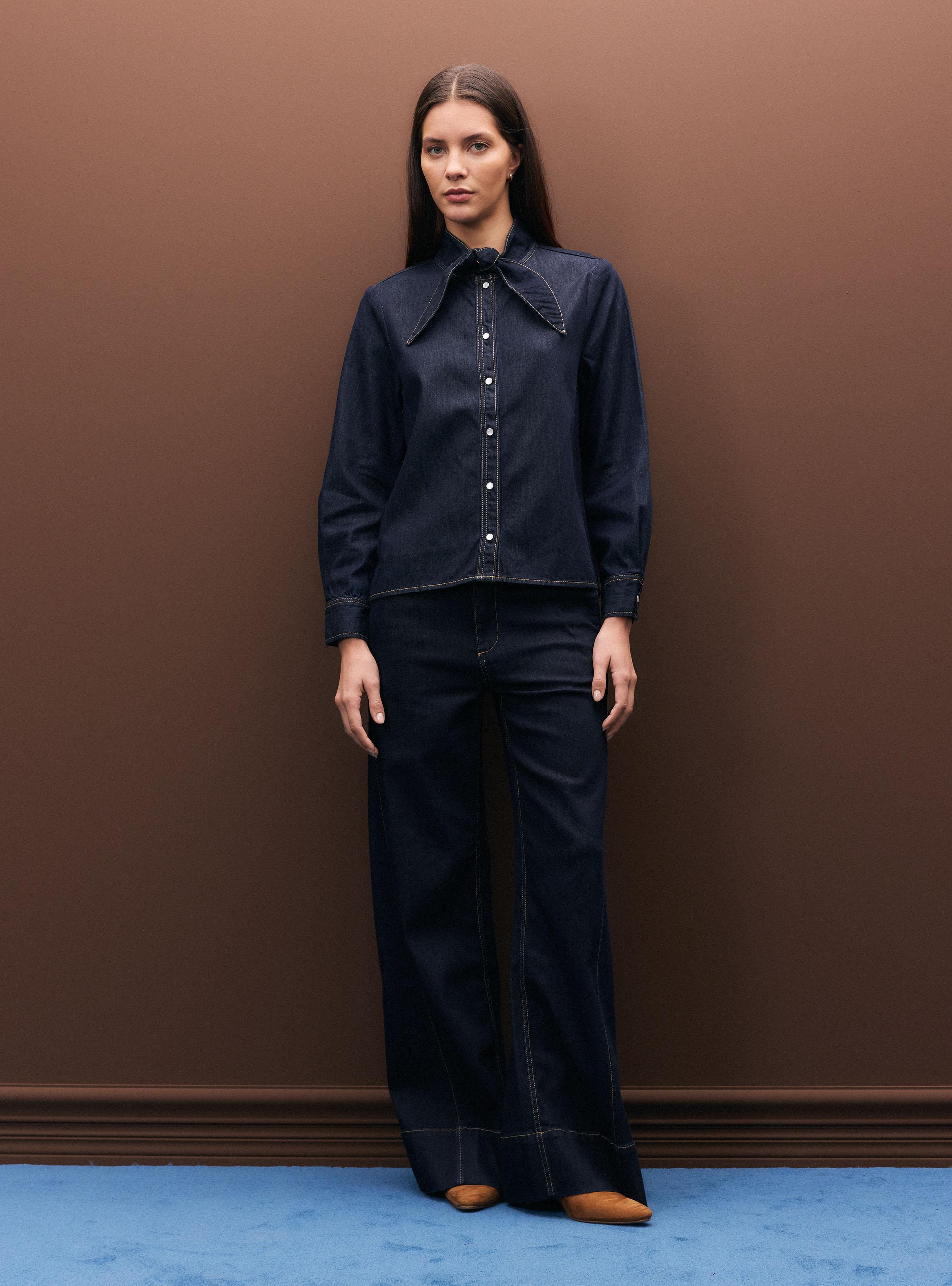 Blusa Denim Botones y Cuello con Lazos-4