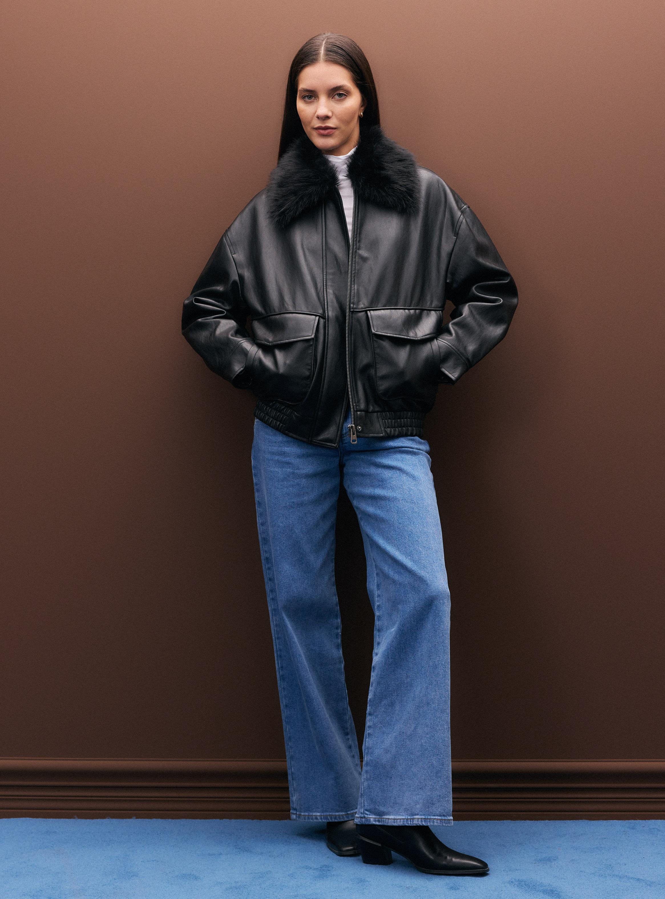 Chaqueta Tipo Bomber Efecto Cuero y Bolsillos Utilitarios-4