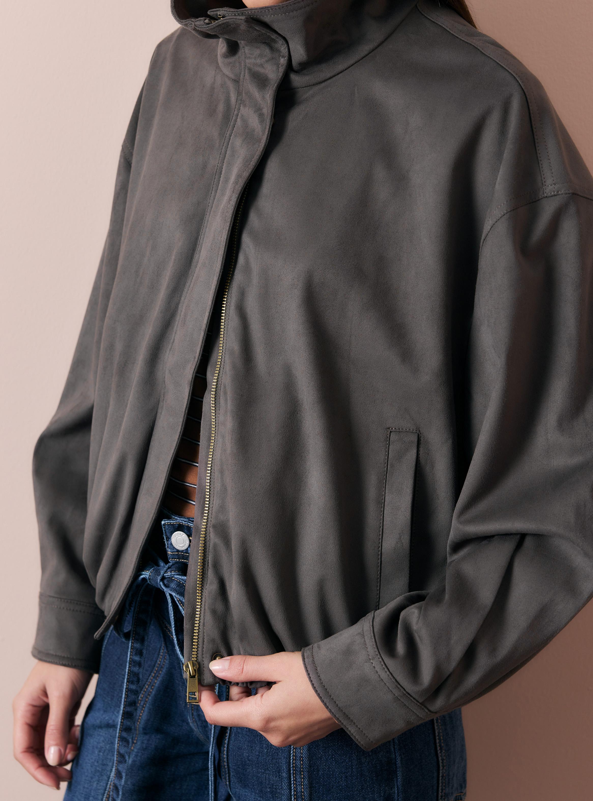Chaqueta Bomber Efecto Gamuza con Cuello Alto y Cierre-3