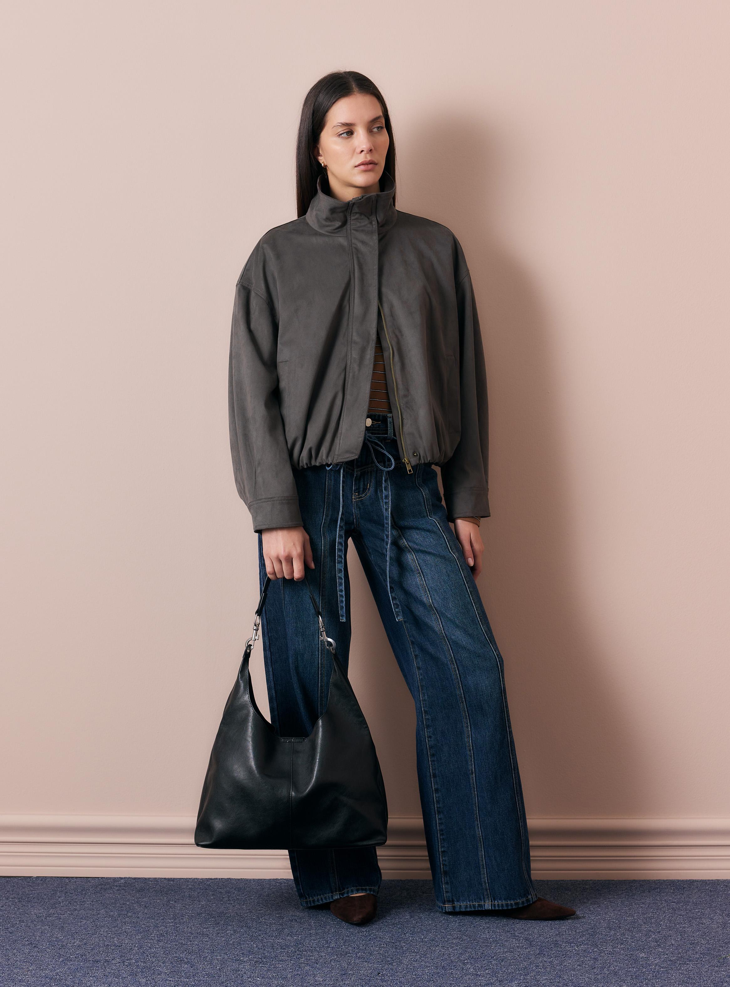 Chaqueta Bomber Efecto Gamuza con Cuello Alto y Cierre-4