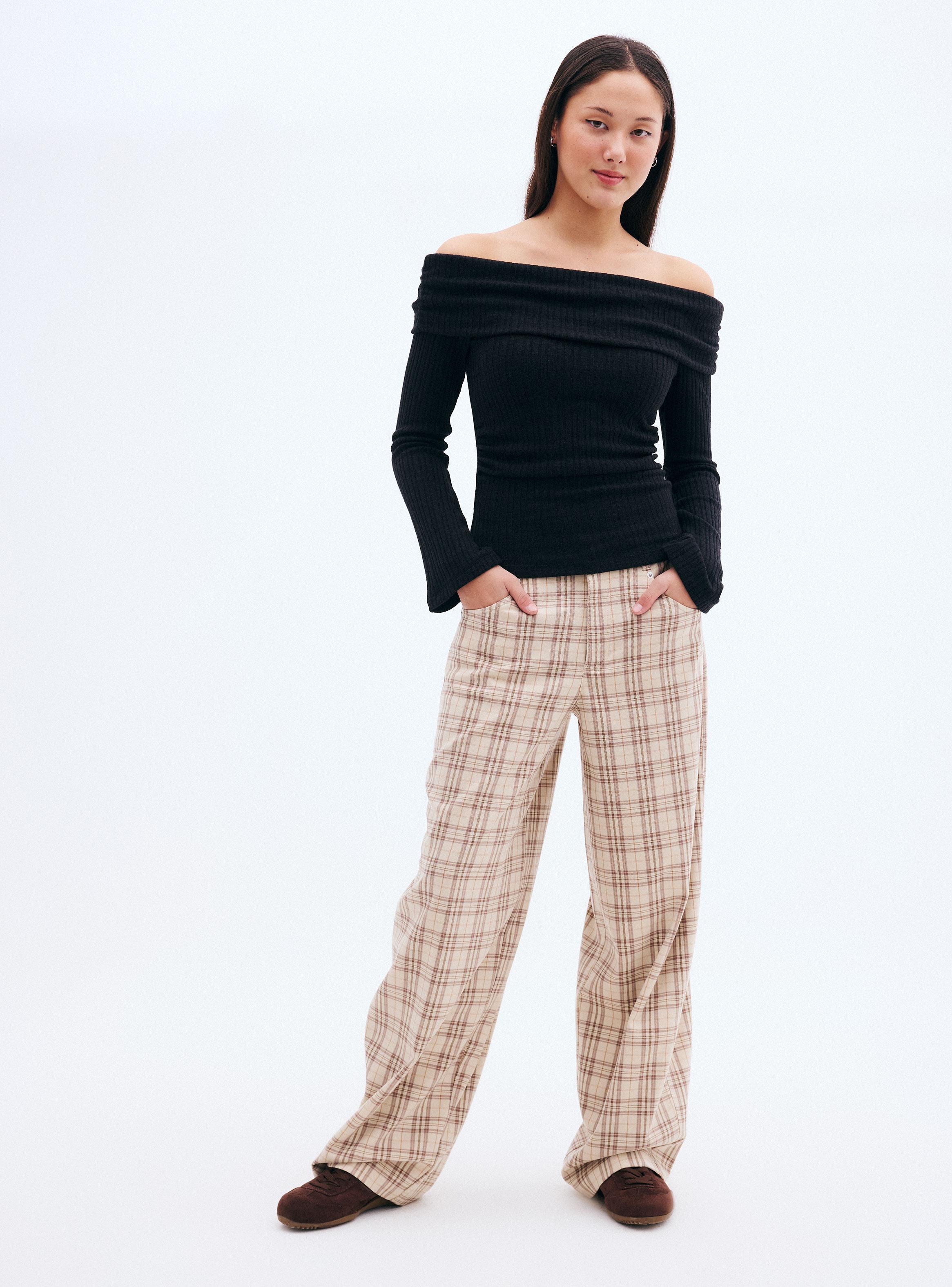 Pantalón con Cuadros Wide Leg Tiro Alto-4