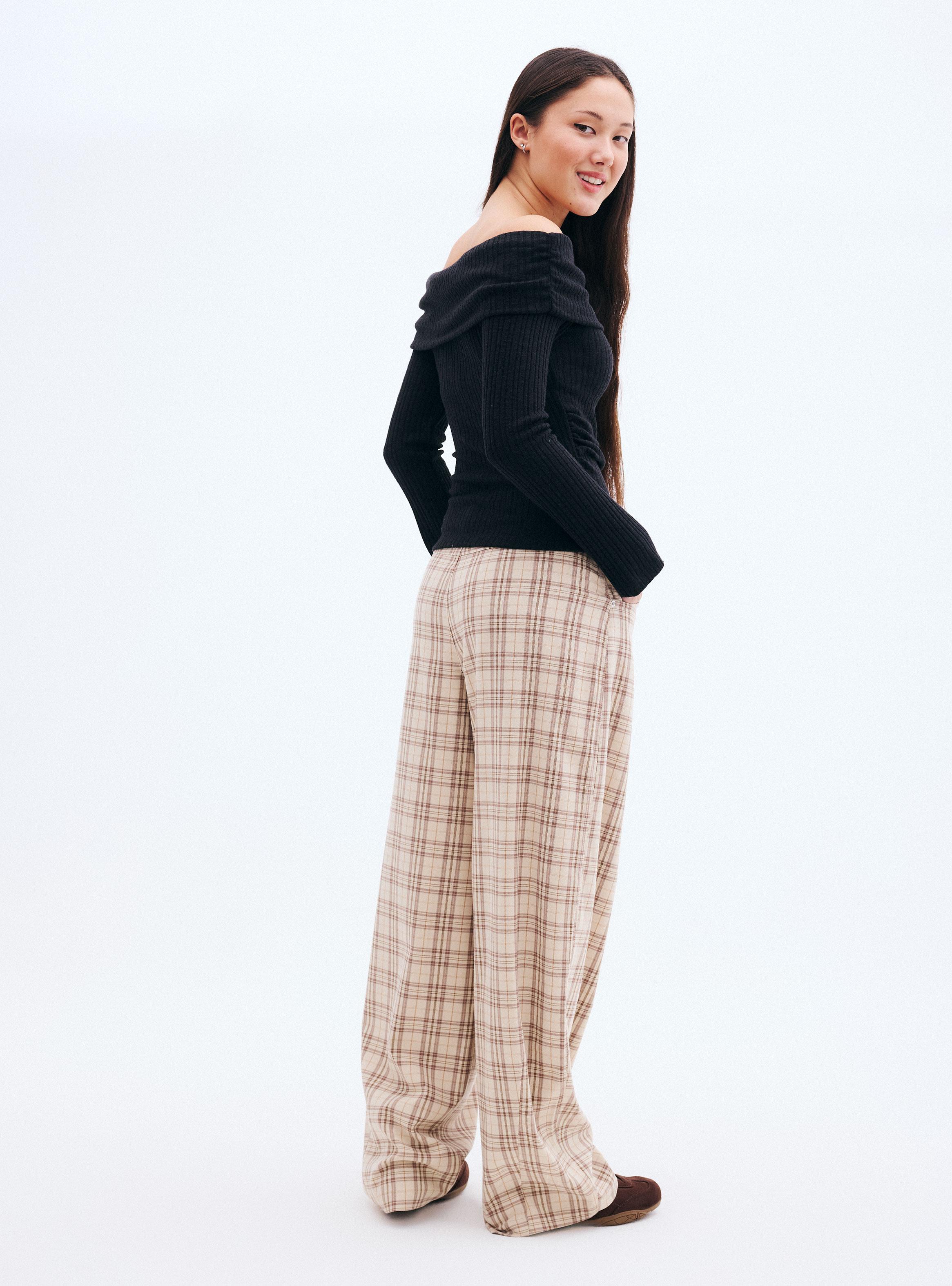 Pantalón con Cuadros Wide Leg Tiro Alto-5