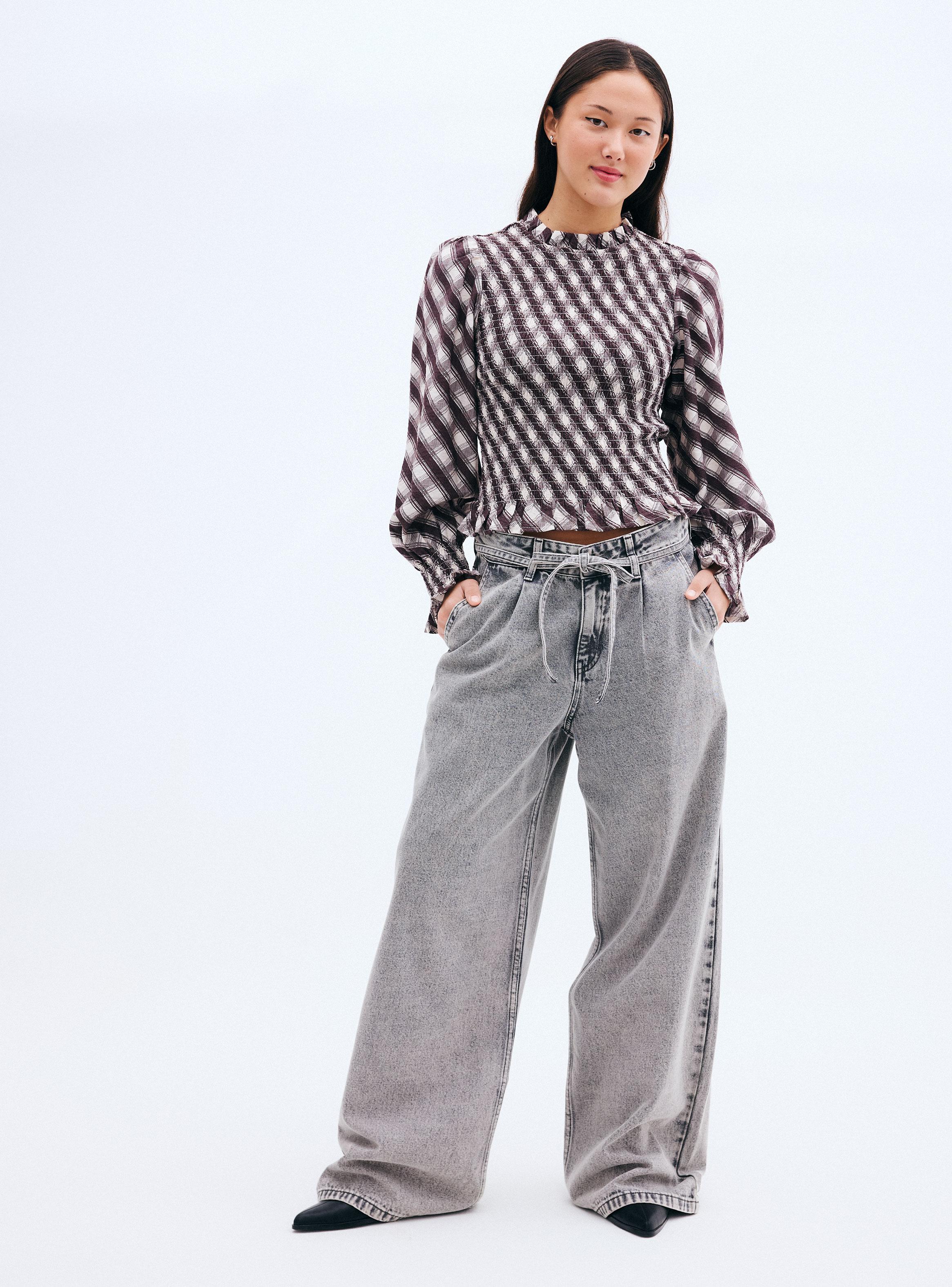 Blusa Cuadros Cuello Alto Fruncido-4