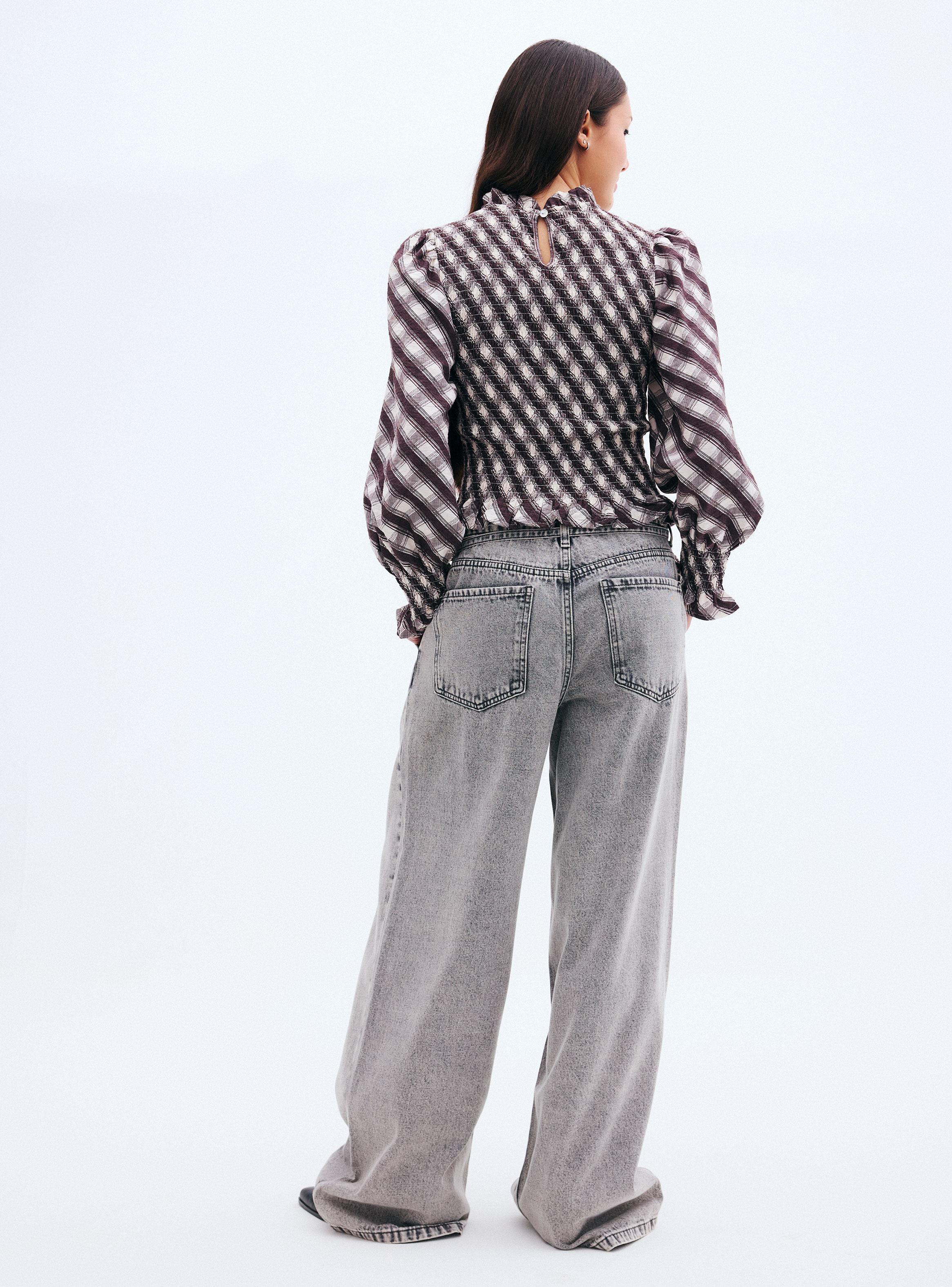 Blusa Cuadros Cuello Alto Fruncido-5