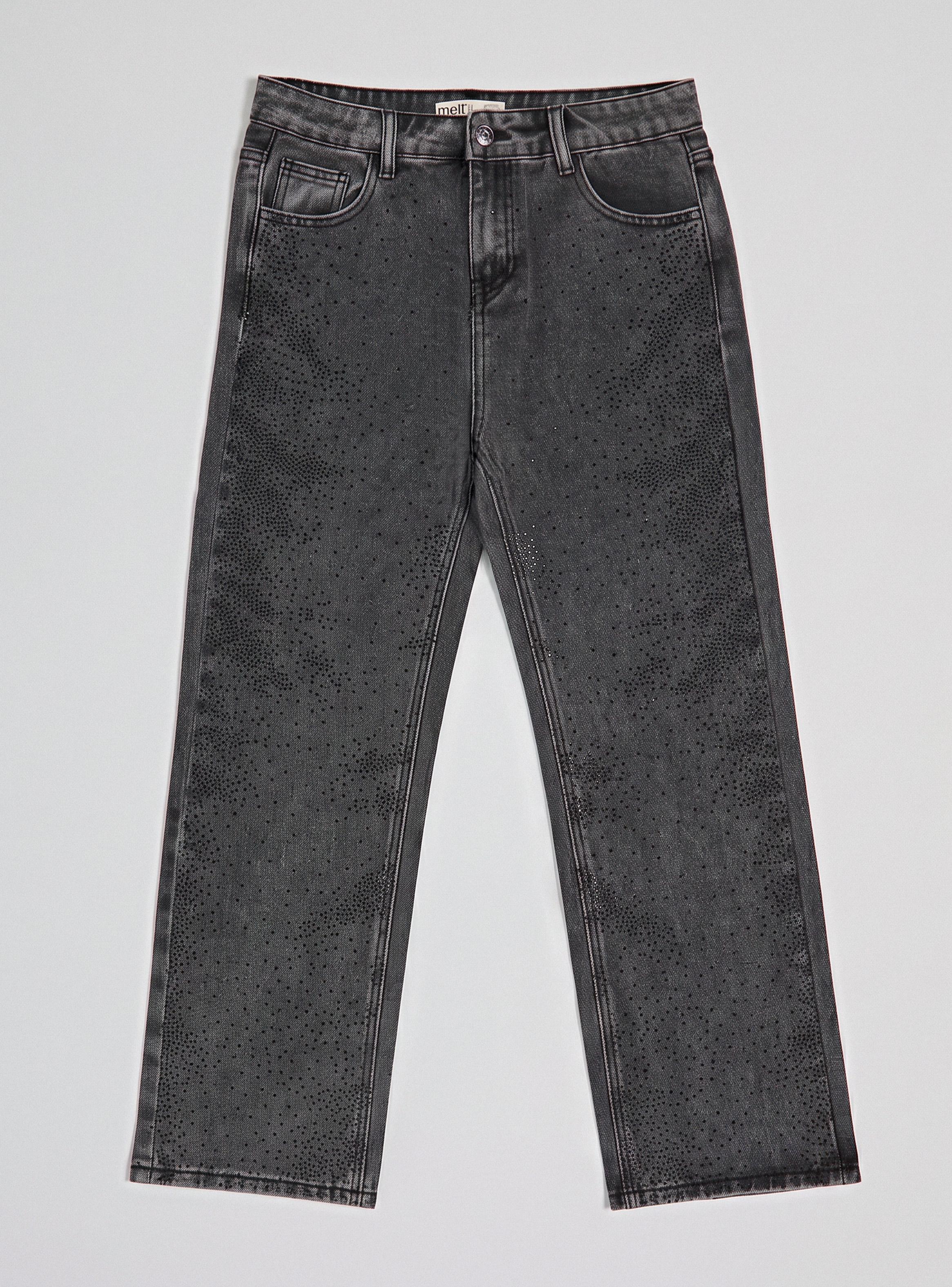 Jeans Wide Leg con Lavado Desgastado y Brillos Negros-1