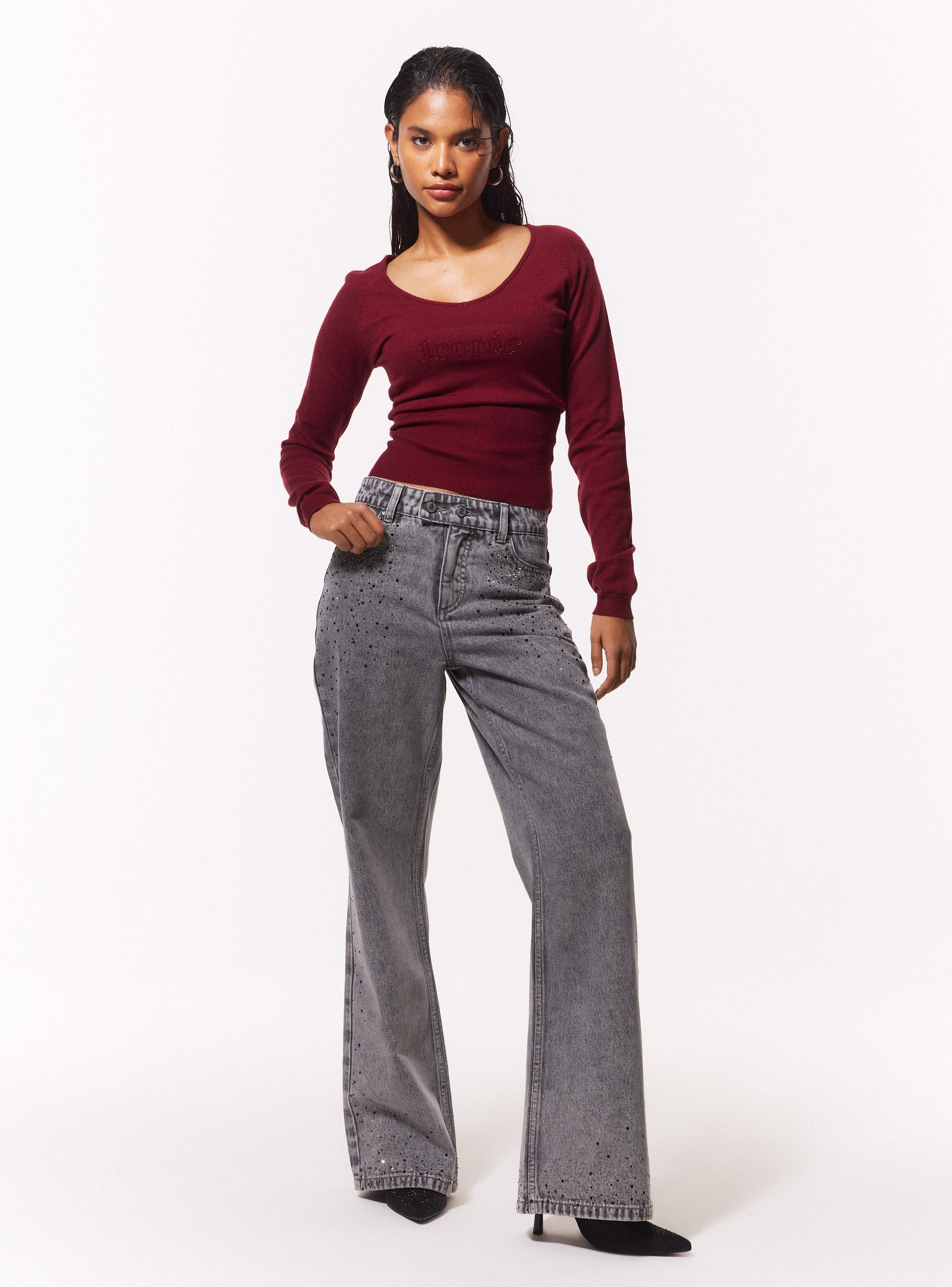Jeans Wide Leg con Pretina Dos Botones con Strass Bi Color-4