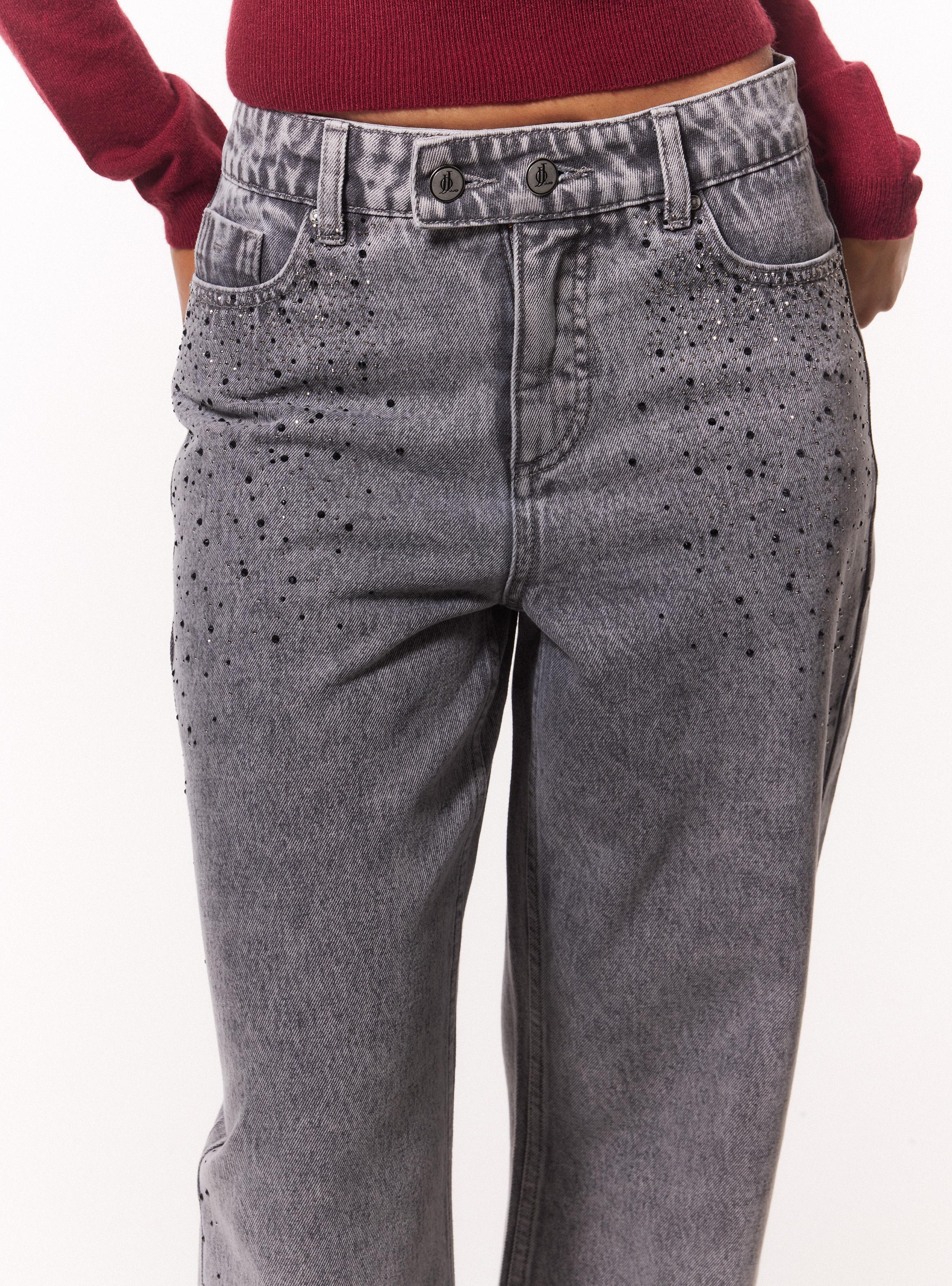 Jeans Wide Leg con Pretina Dos Botones con Strass Bi Color-2