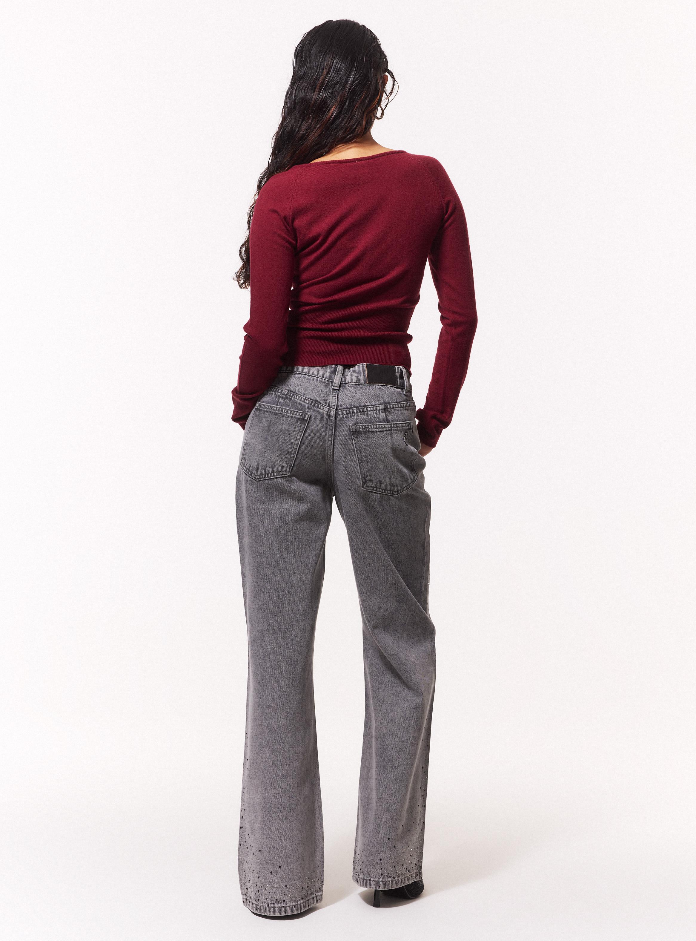 Jeans Wide Leg con Pretina Dos Botones con Strass Bi Color-5
