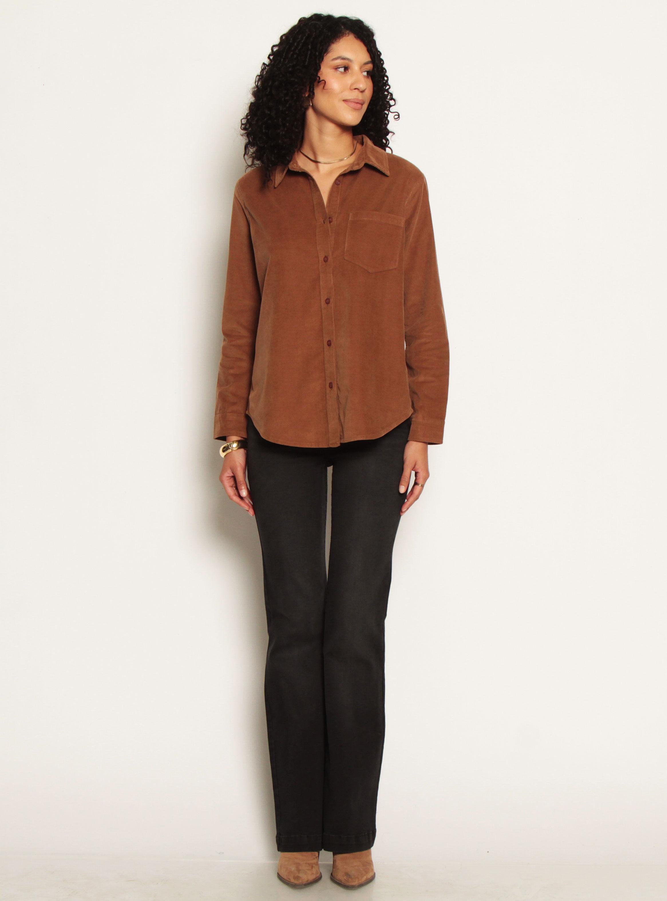 Blusa Manga Larga Cotelé Abotonada en Delantero con Bolsillo-3