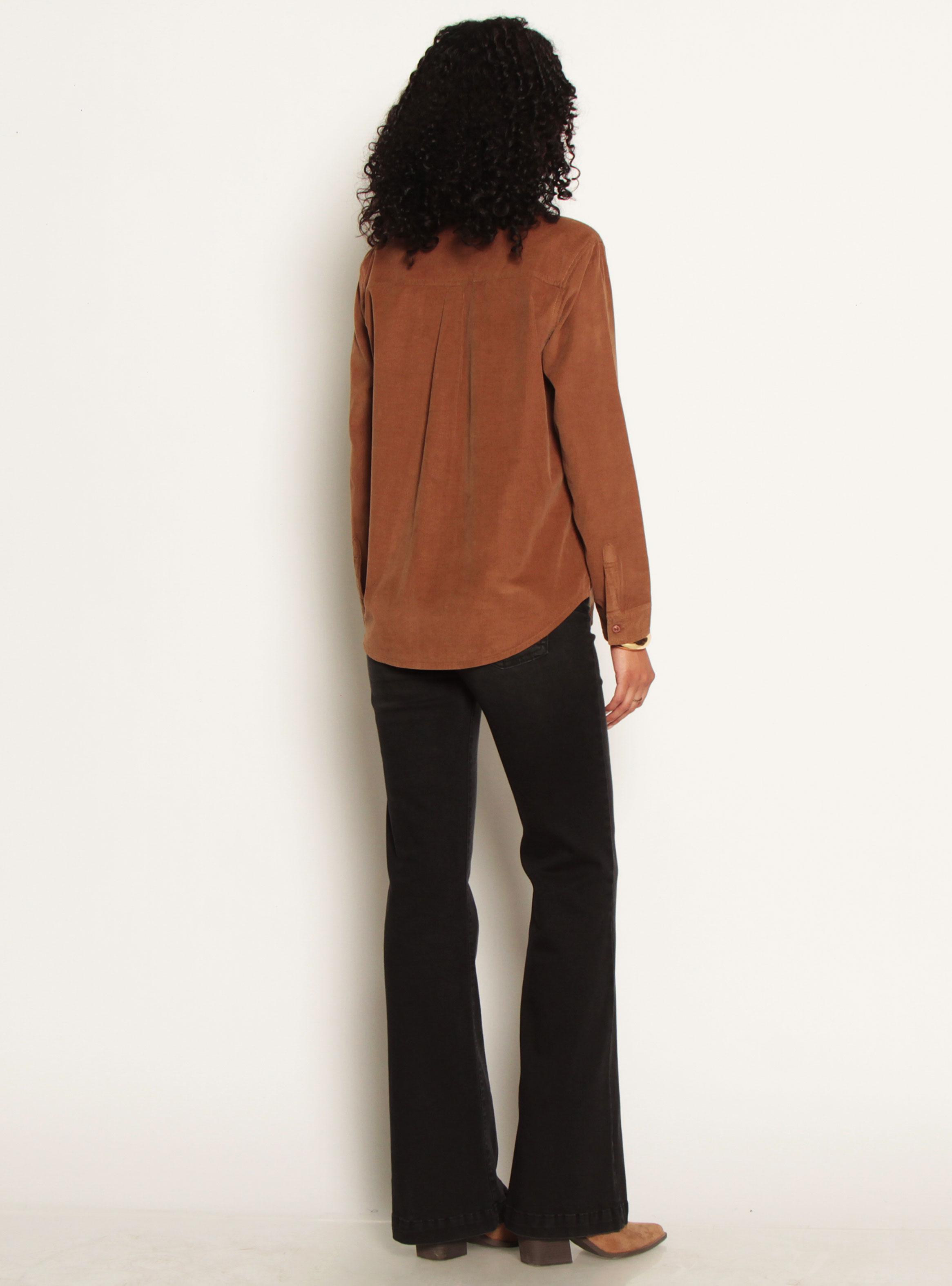 Blusa Manga Larga Cotelé Abotonada en Delantero con Bolsillo-4