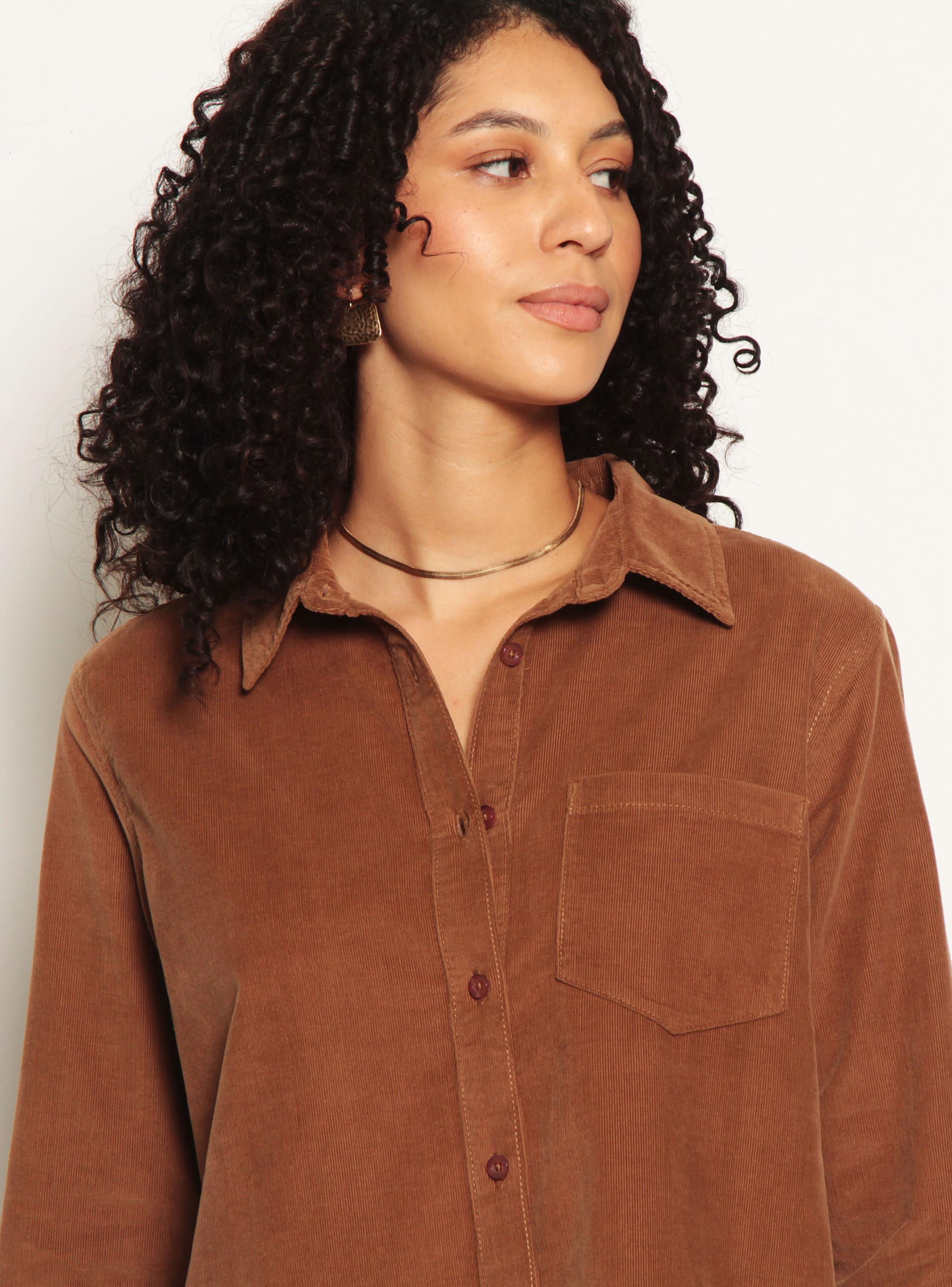 Blusa Manga Larga Cotelé Abotonada en Delantero con Bolsillo-2