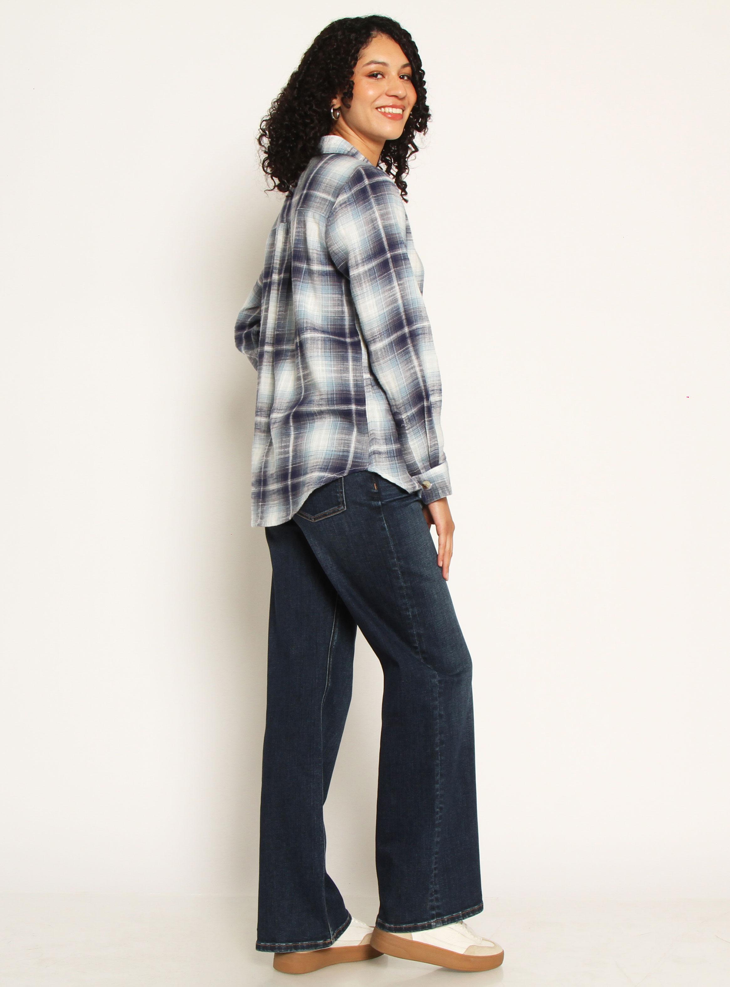 Blusa Escocés Manga Larga Abotonada en Delantero y Bolsillo-4