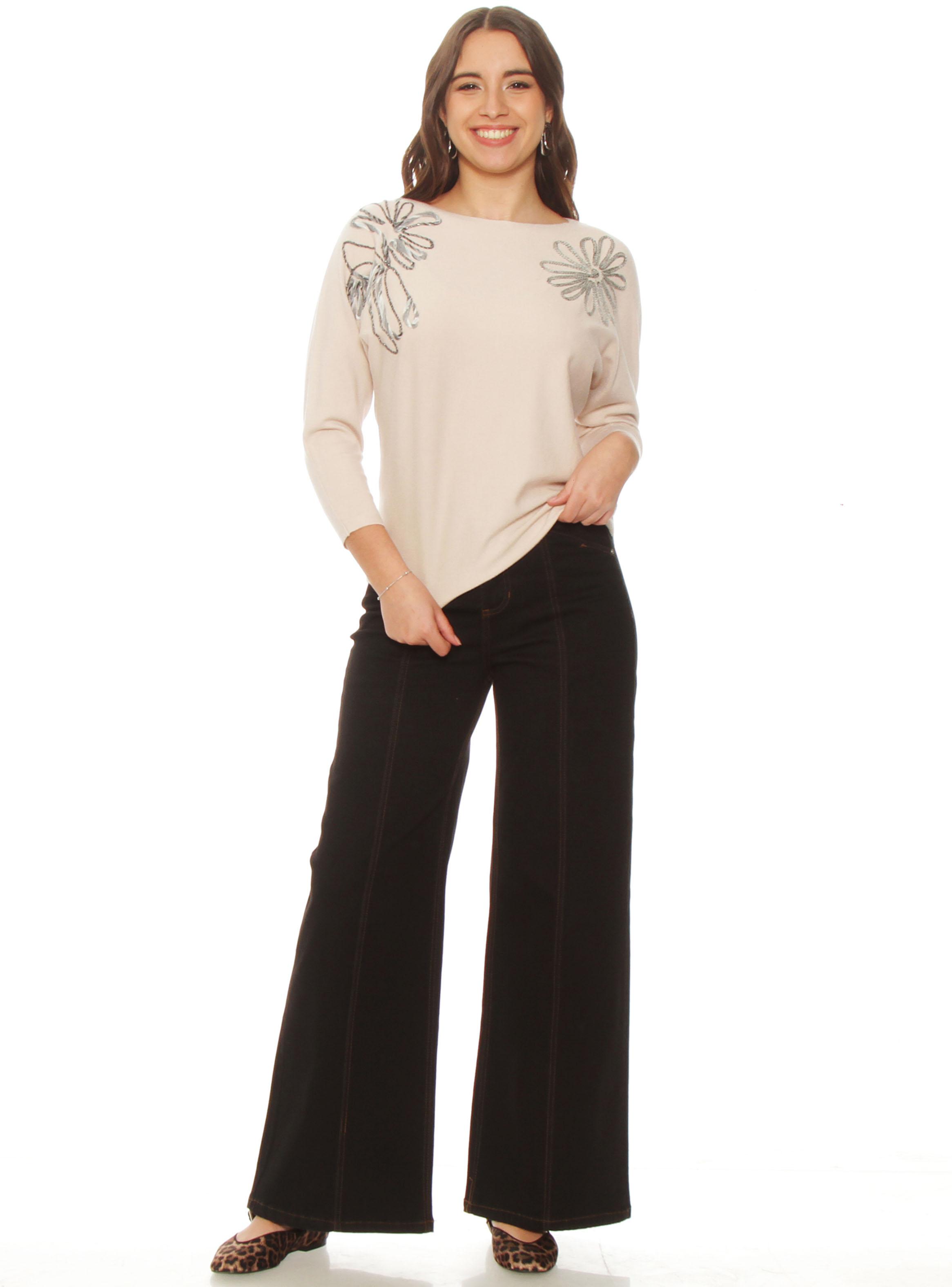 Sweater Manga 3/4 Bordado Escote Redondo-3