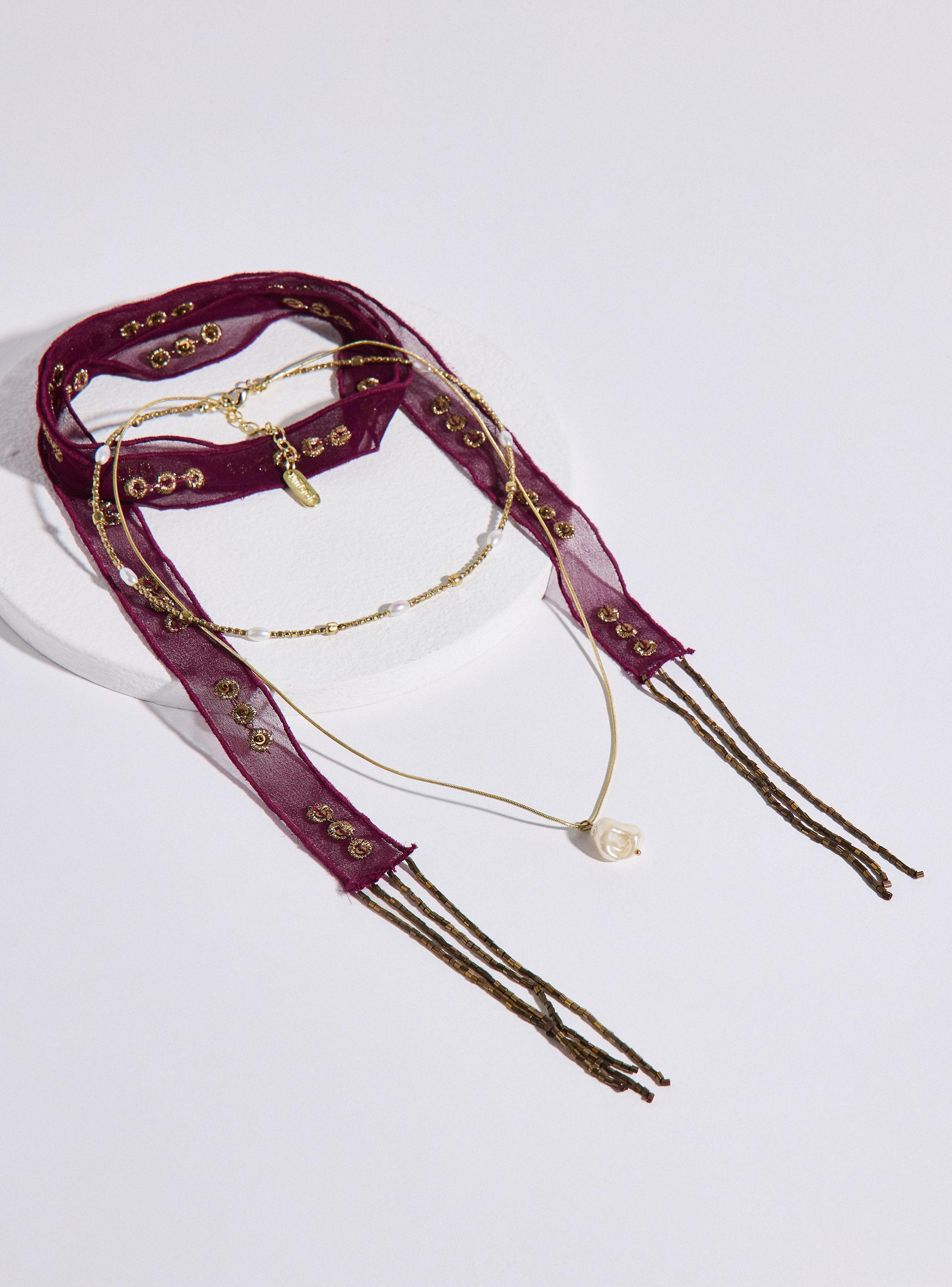 Collar Textil Bordado y Mostacillas con Cadena-0