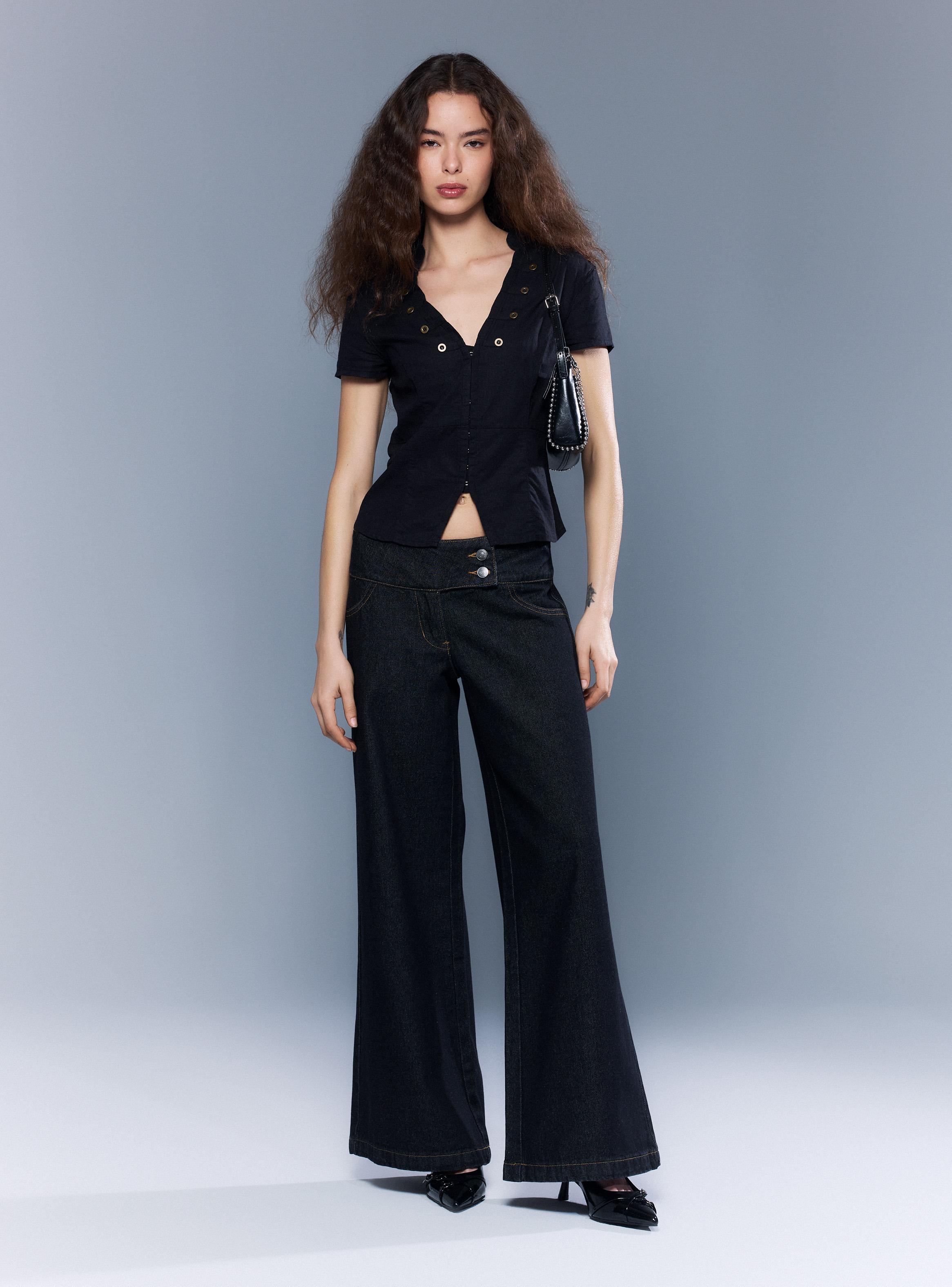 Jeans Wide Leg Baggy Tiro Bajo con Botón Cruzado-4