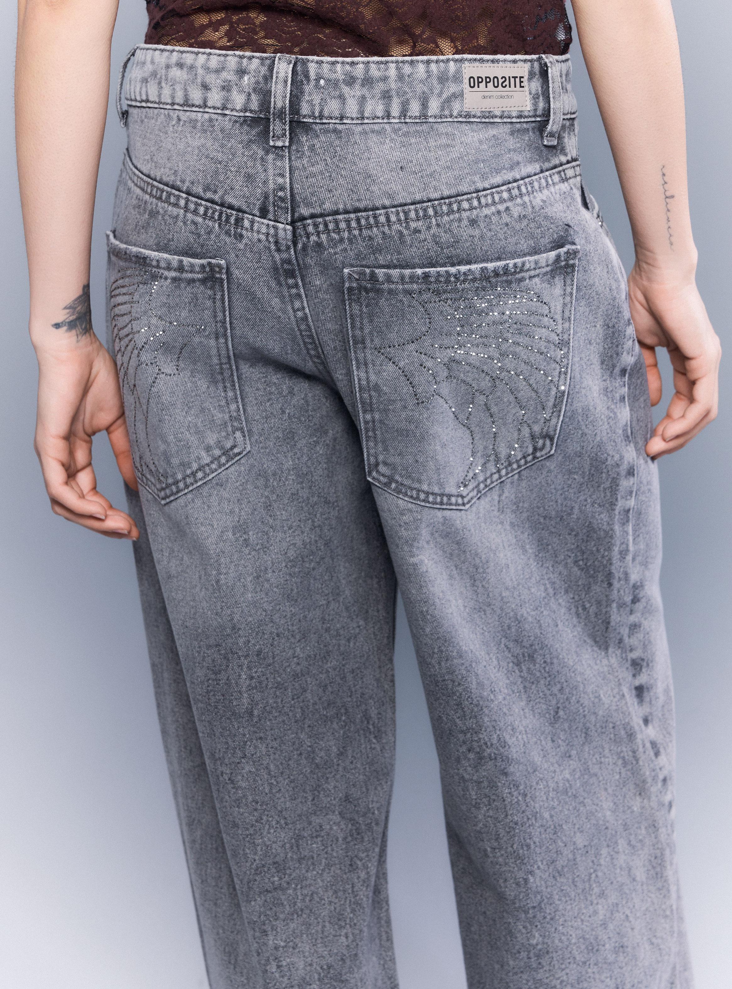 Jeans Straight Wide Leg Tiro Medio con Brillos Atrás-3