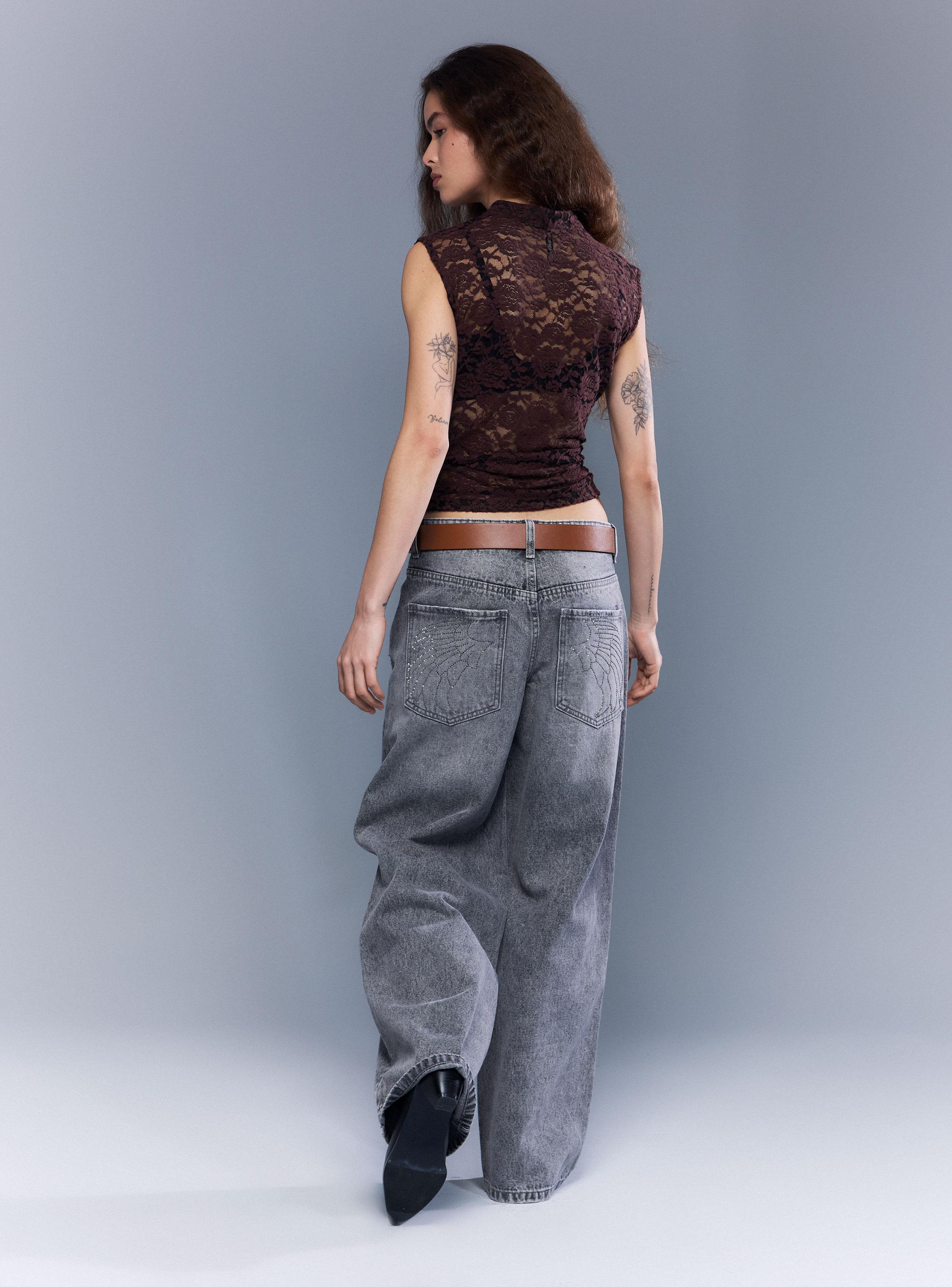Jeans Straight Wide Leg Tiro Medio con Brillos Atrás-5