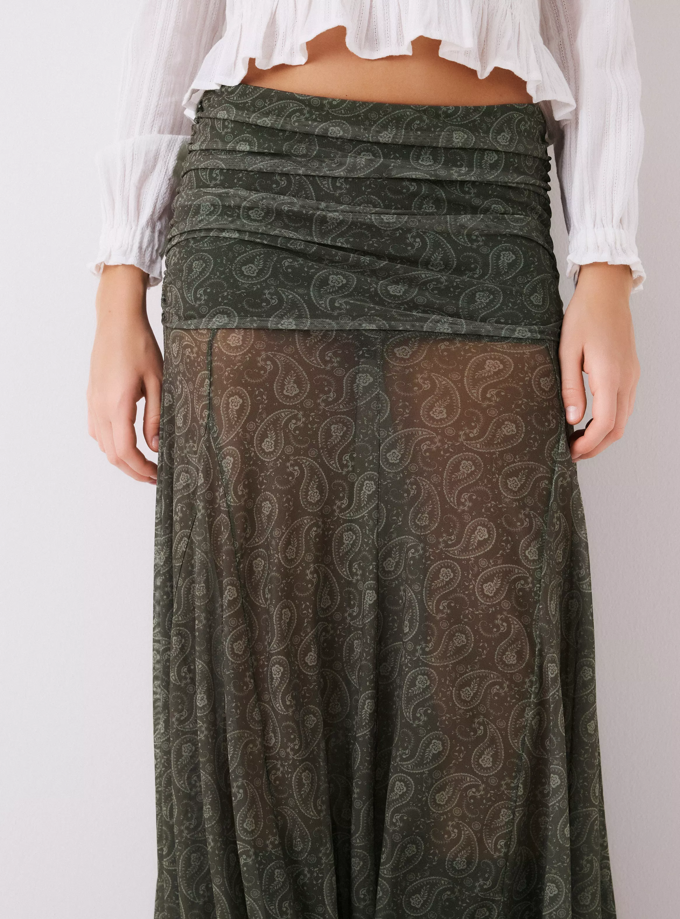 Falda Paisley Maxi Pretina Alta con Elástico Fruncido-2