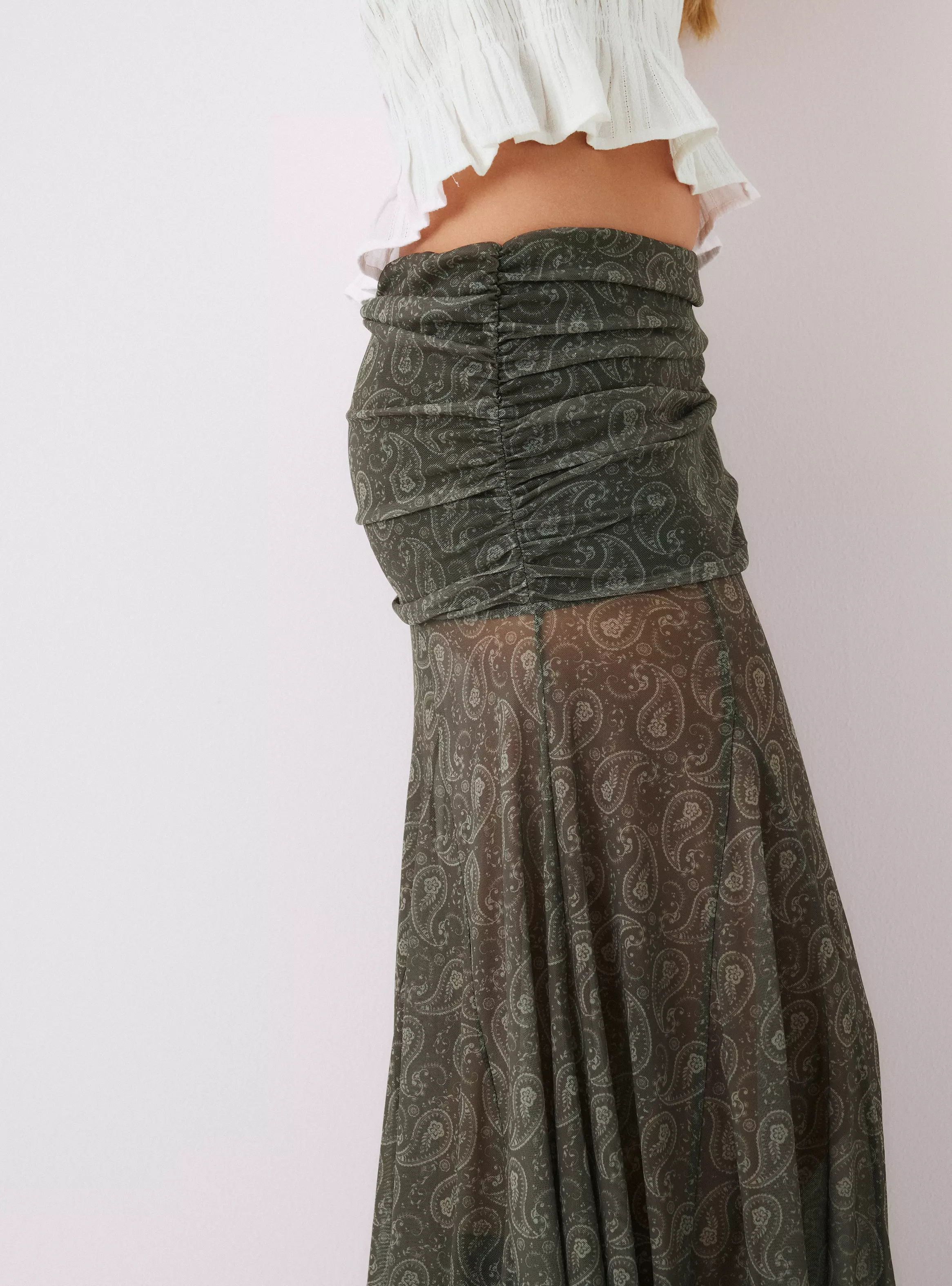 Falda Paisley Maxi Pretina Alta con Elástico Fruncido-3