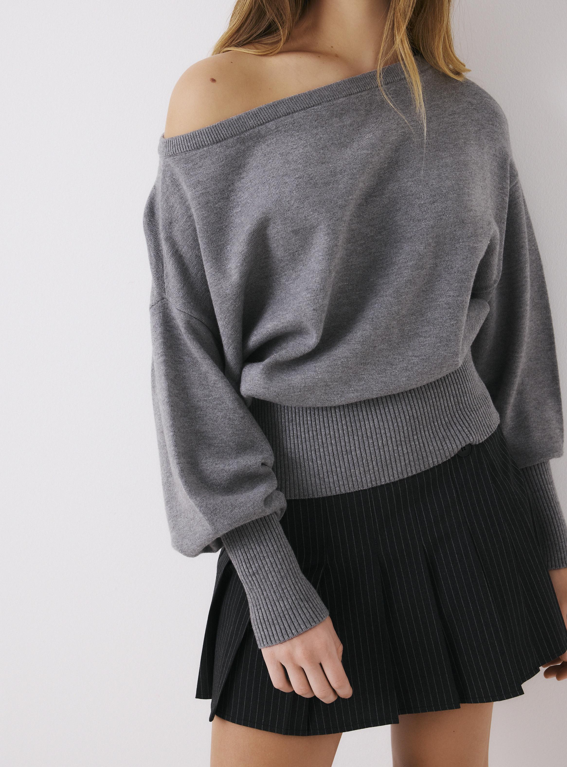 Sweater Hombro Descubierto con Puño Acanalado-3