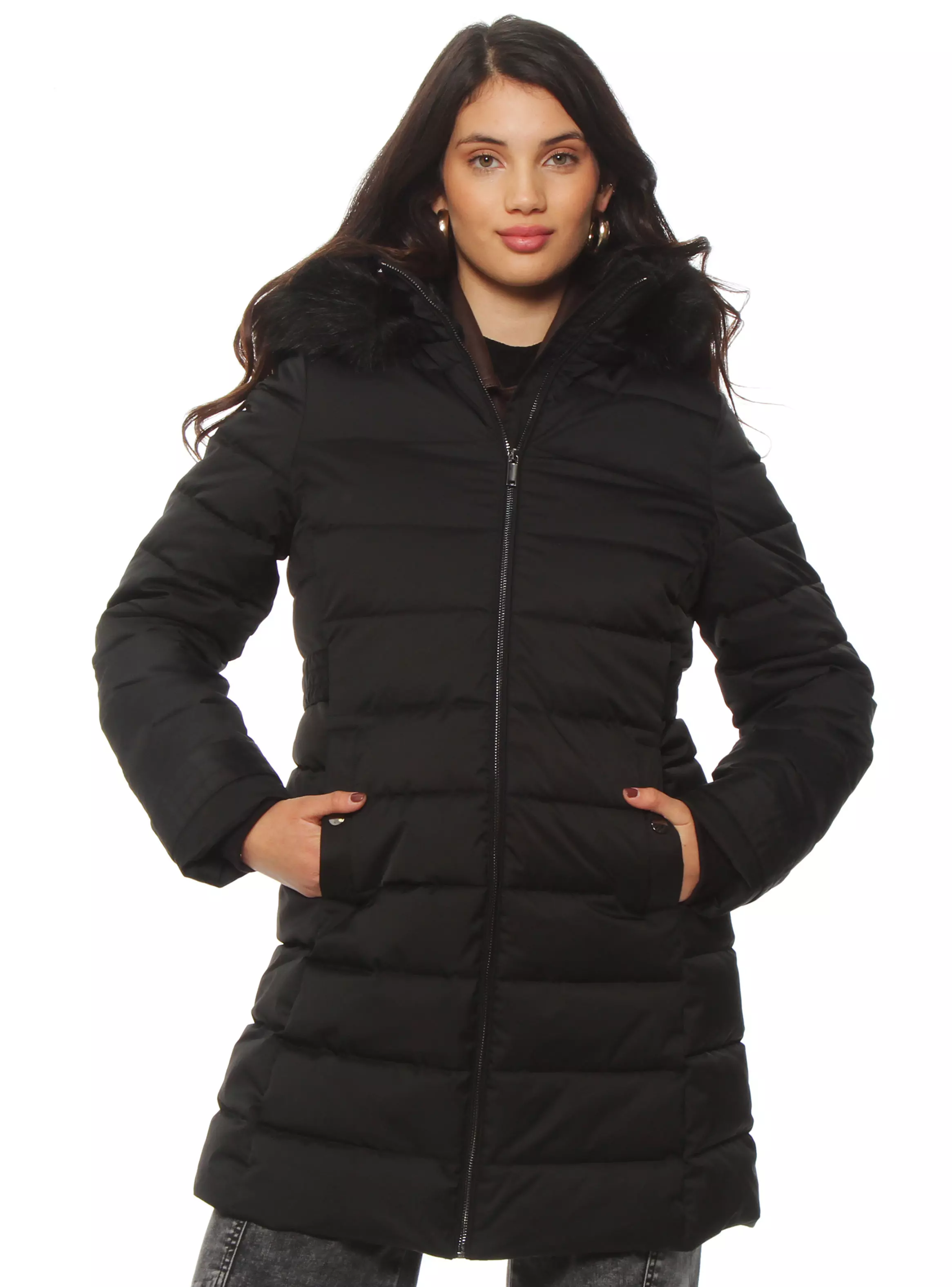 Parka Larga Cierre con Aplicación en Capucha-0