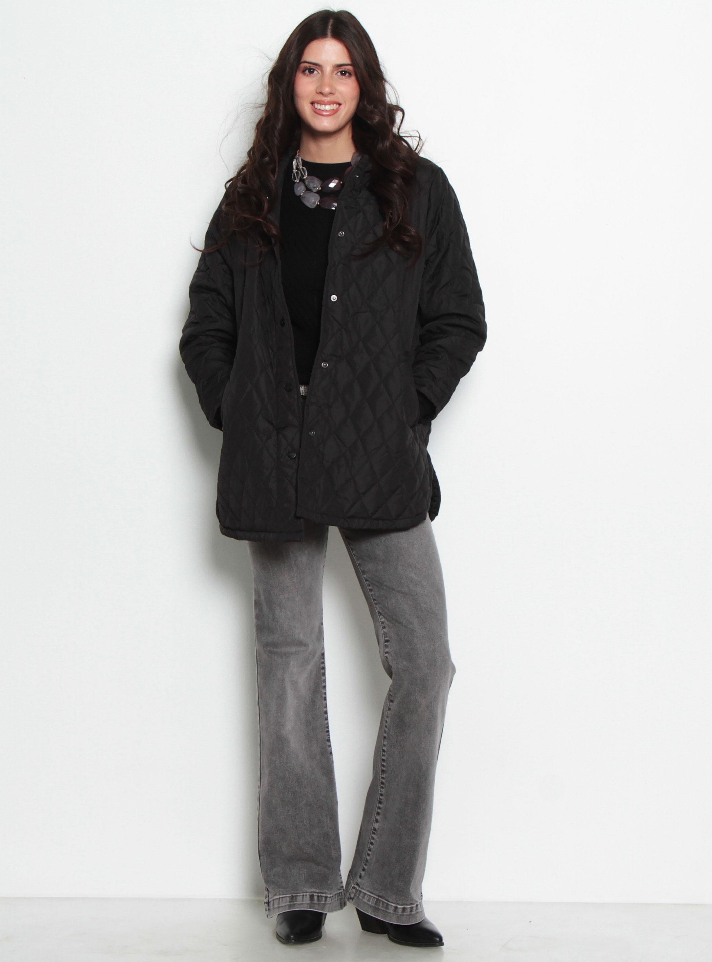 Parka Quilt Manga Larga con Capucha Abrochada en Delantero-3