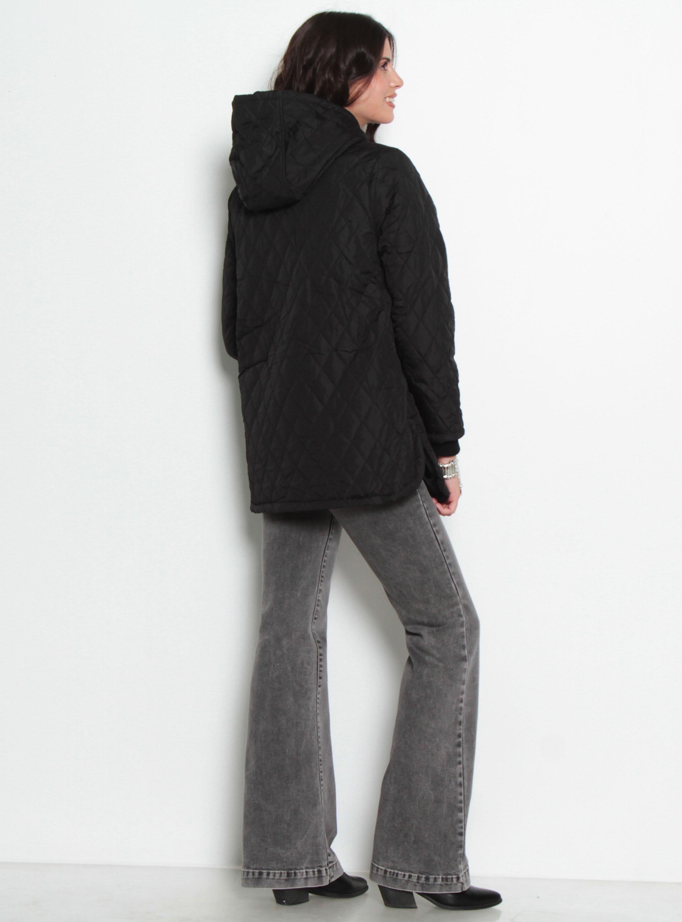 Parka Quilt Manga Larga con Capucha Abrochada en Delantero-4