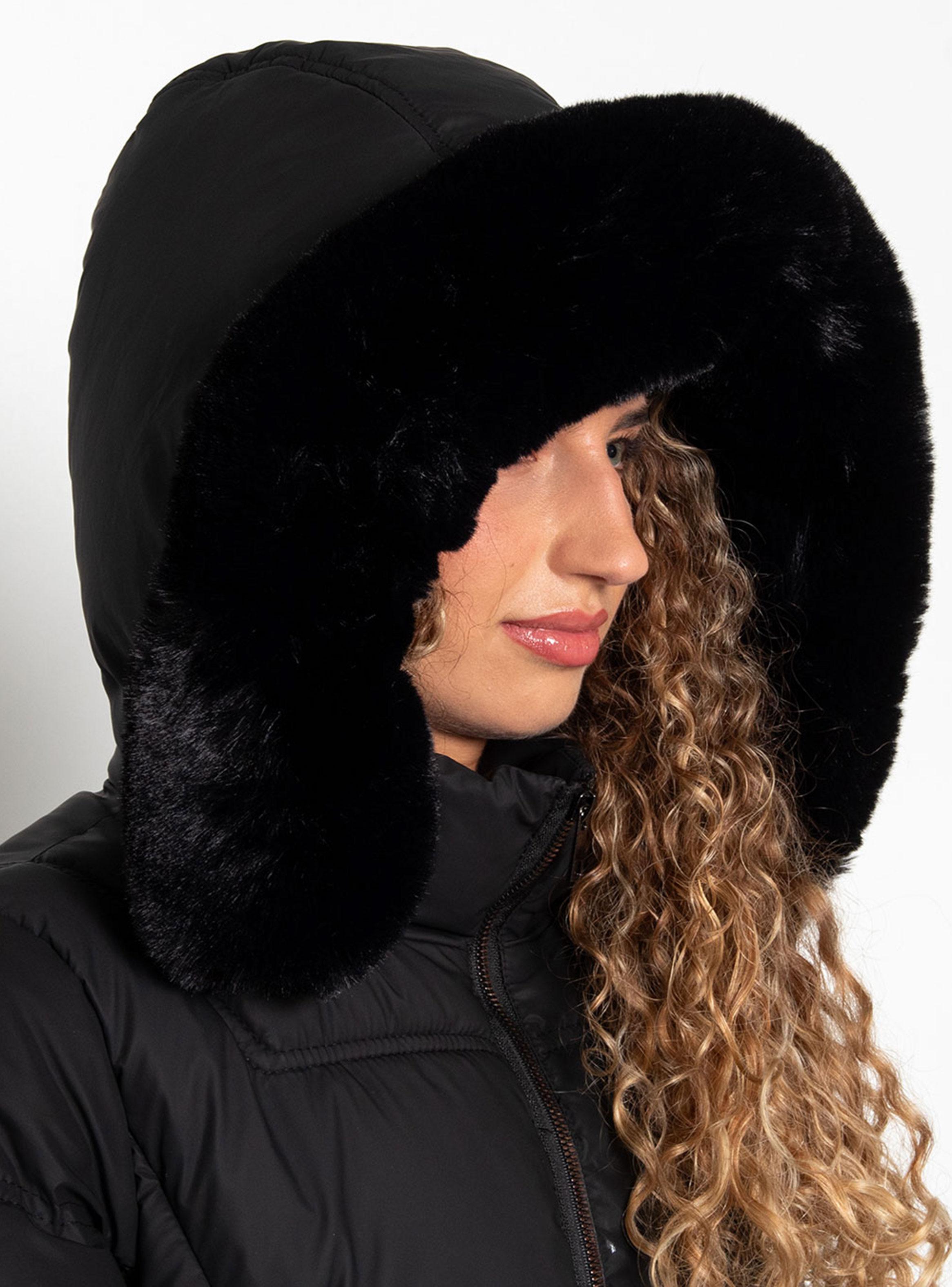 Parka Larga Manga Larga Capucha Piel Sintética-2