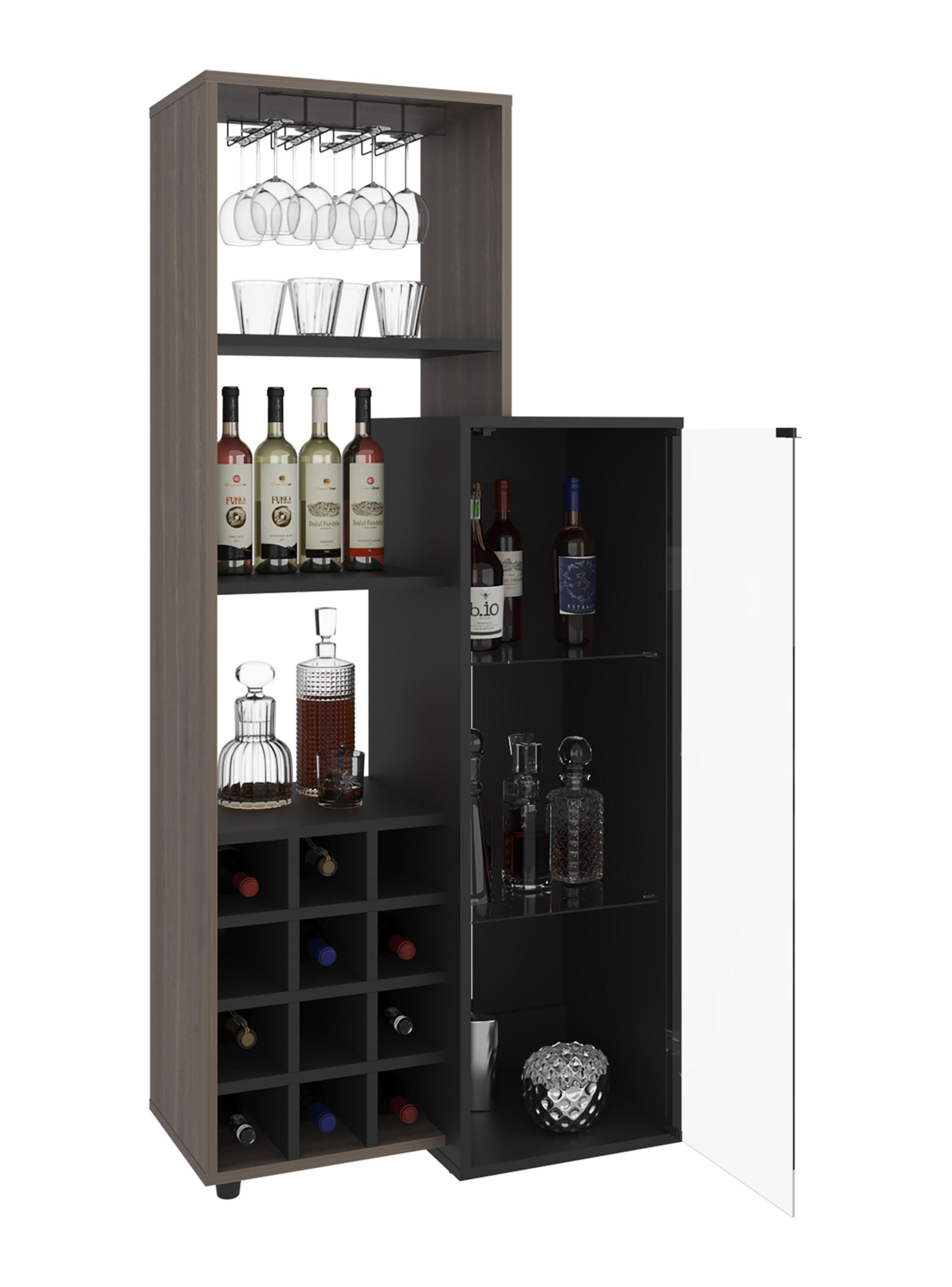 Bar 12 Botelleros Y Portacopas 1 Puerta De Vidrio Ozzy 175x80.9x41.3 cm Wengue y Milan-2