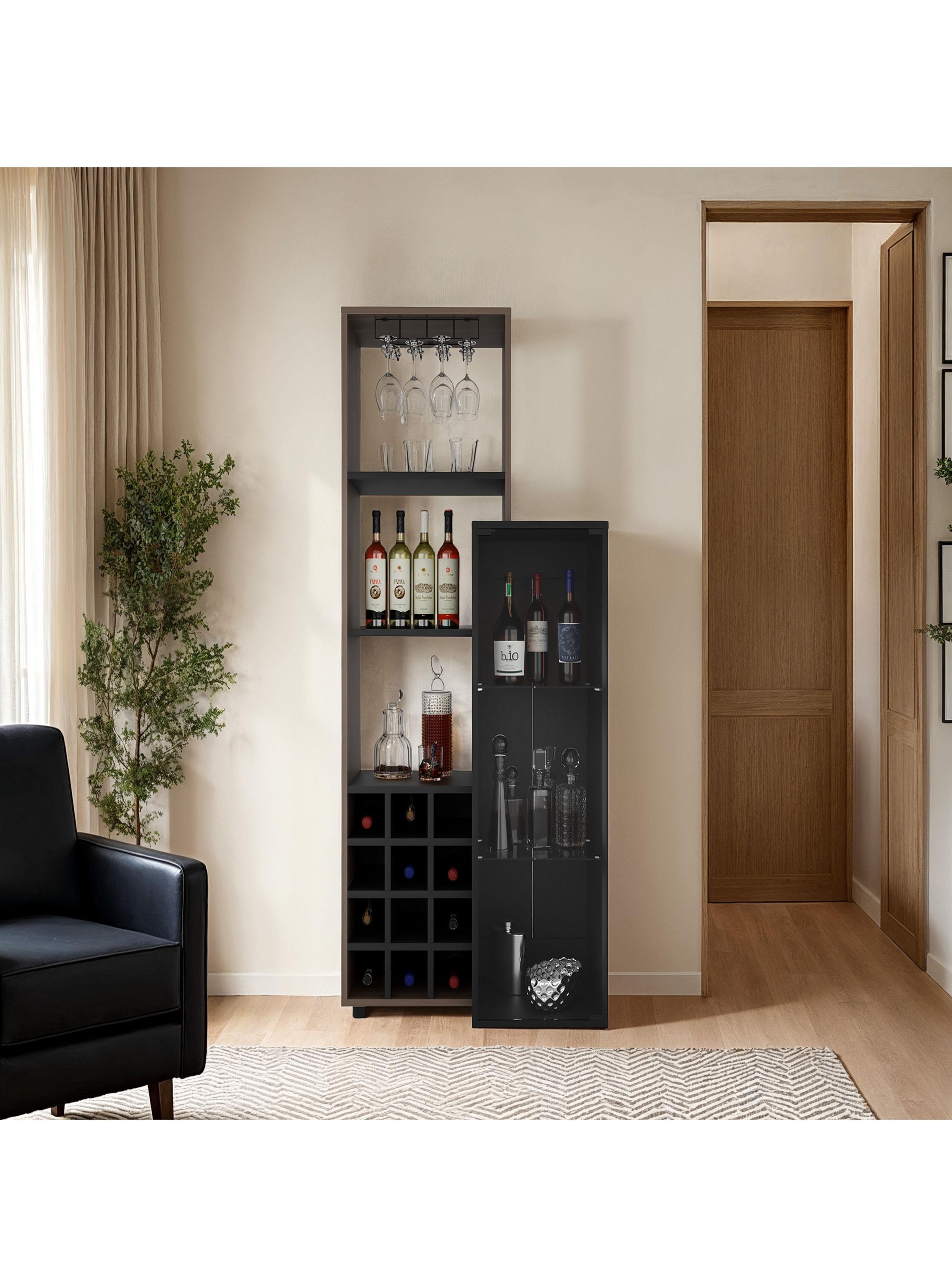 Bar 12 Botelleros Y Portacopas 1 Puerta De Vidrio Ozzy 175x80.9x41.3 cm Wengue y Milan-4