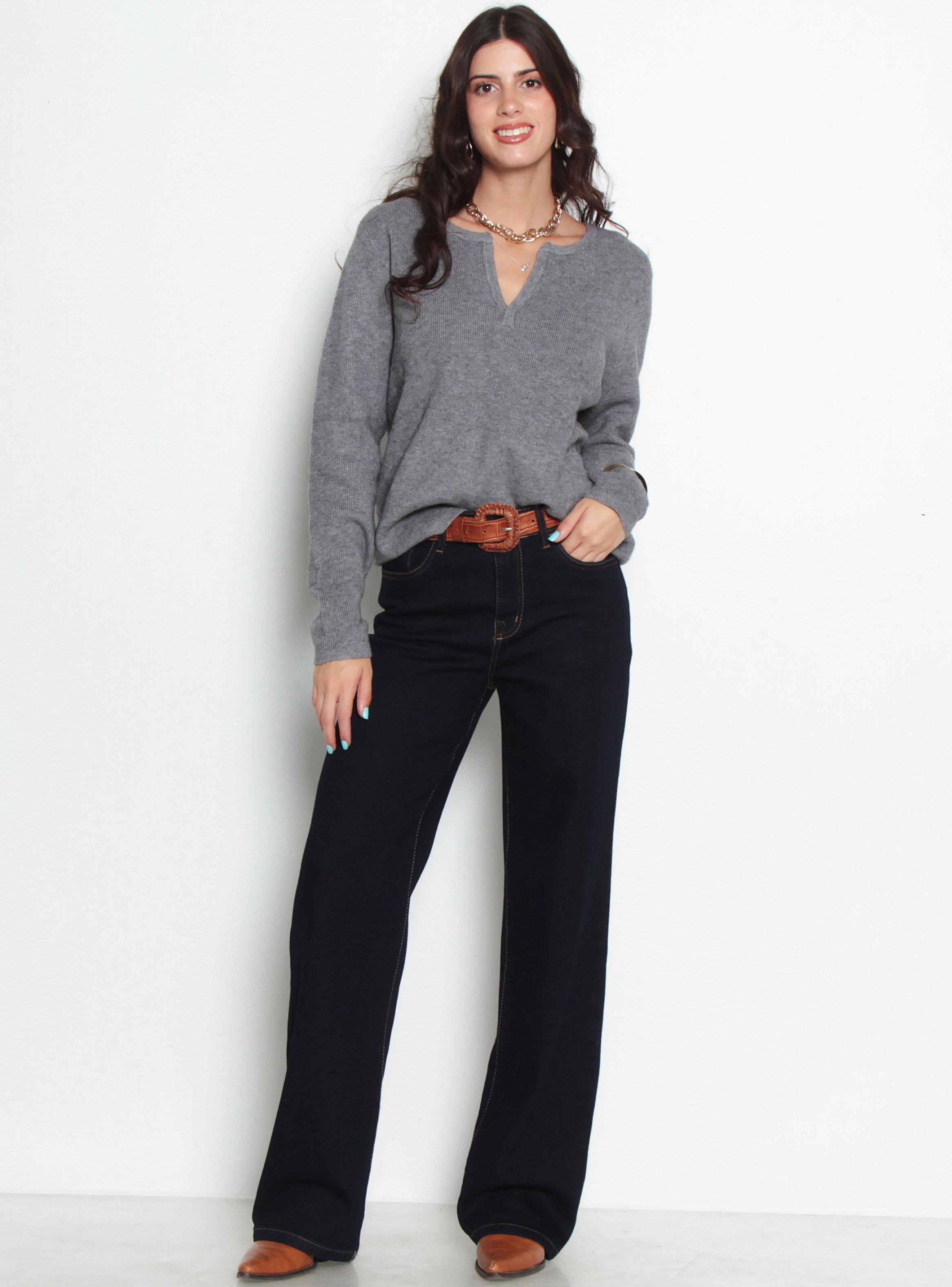 Jeans Wide Leg Tiro Alto Pretina Básica 1 Botón J301-3