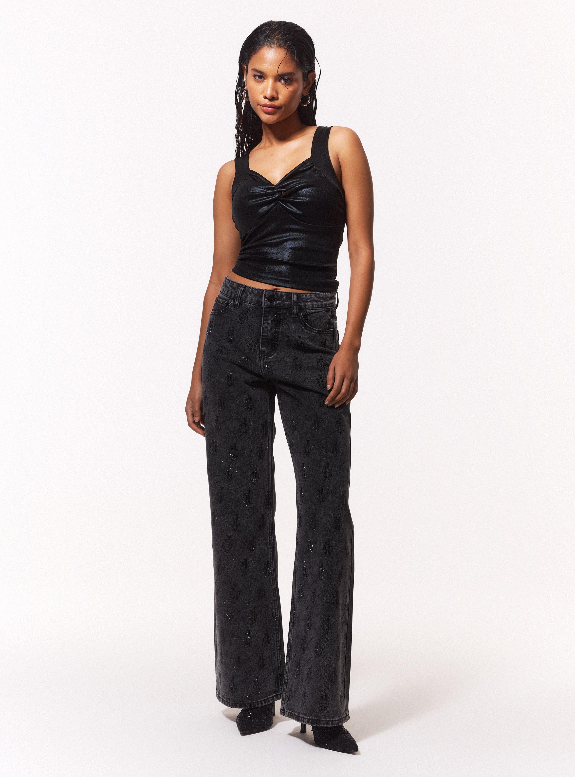 Jeans Wide Leg con Gráfica de Strass-4