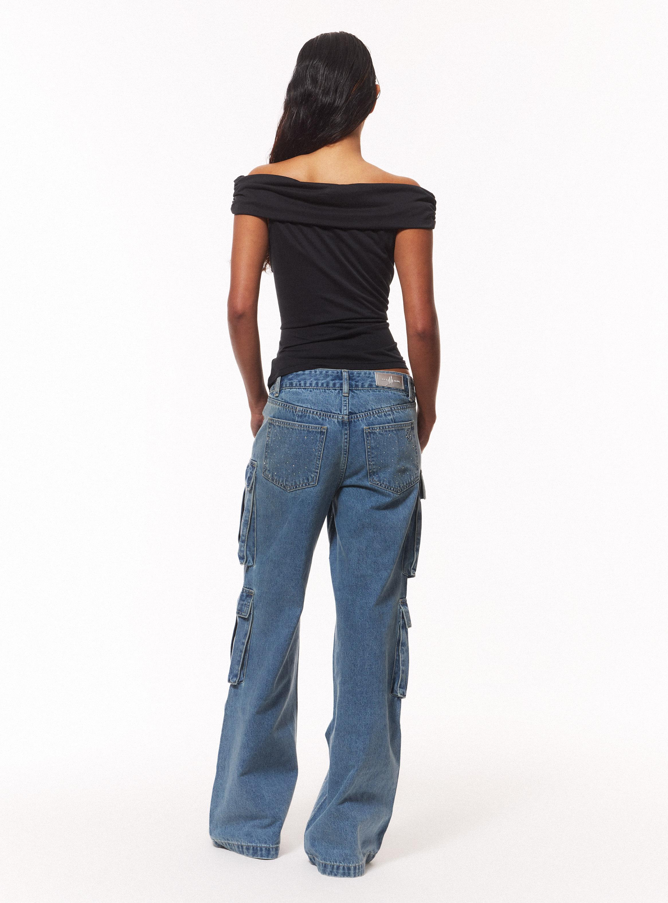 Jeans Wide Leg Cargo Full Strass-5