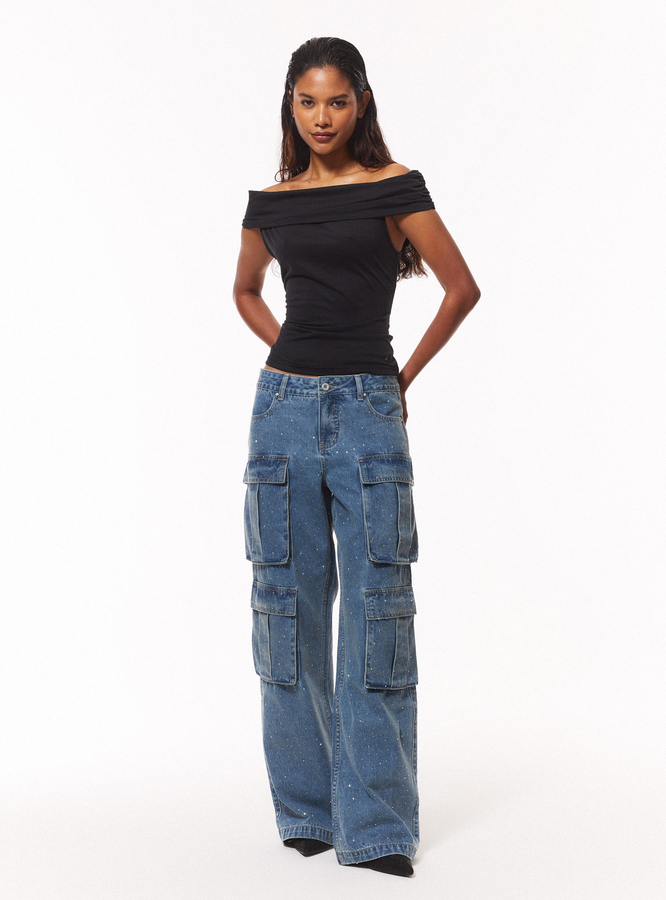 Jeans Wide Leg Cargo Full Strass-4