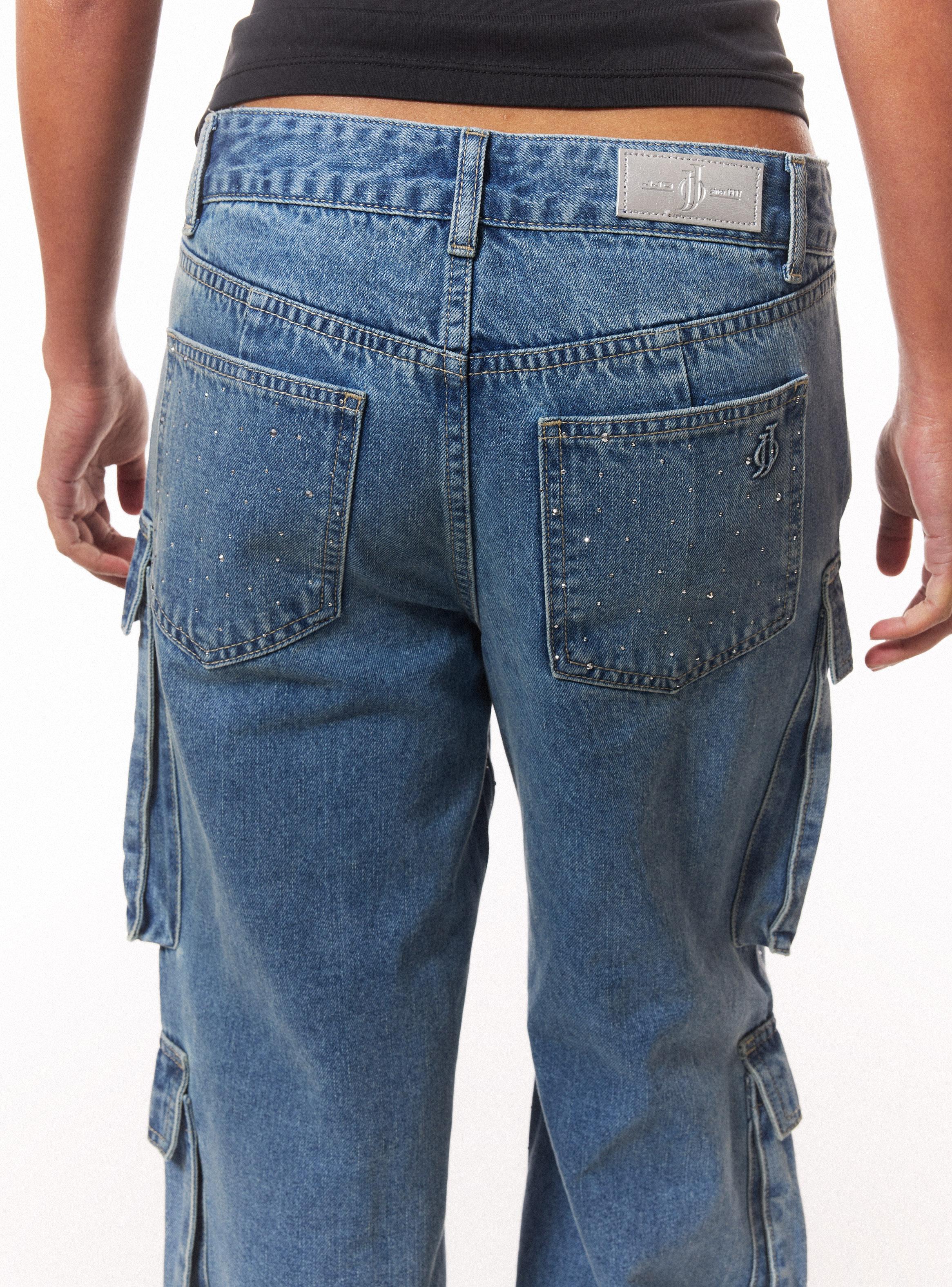 Jeans Wide Leg Cargo Full Strass-3