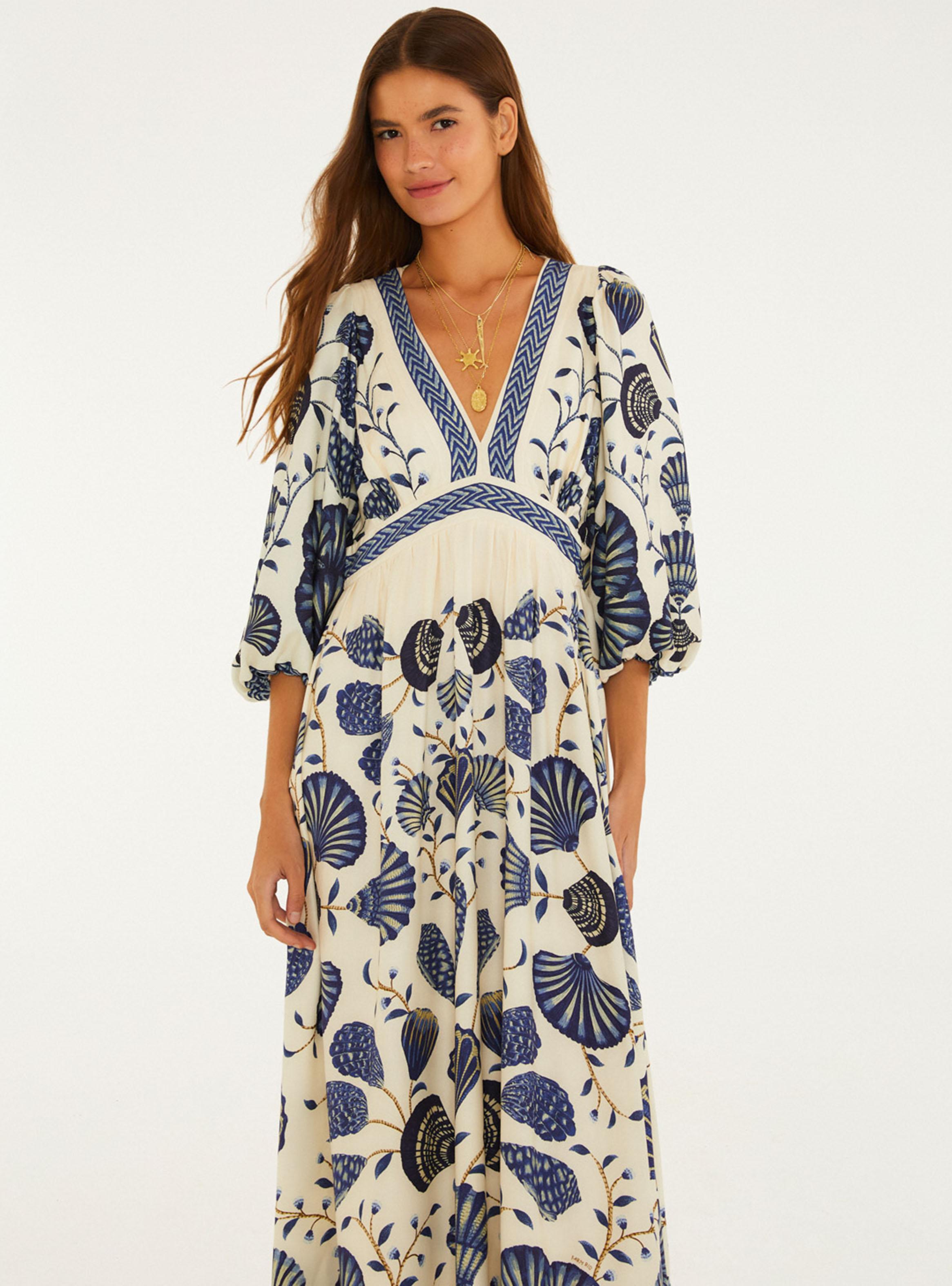 Vestido Maxi con Mangas Aglobadas Estampado Conchas-2