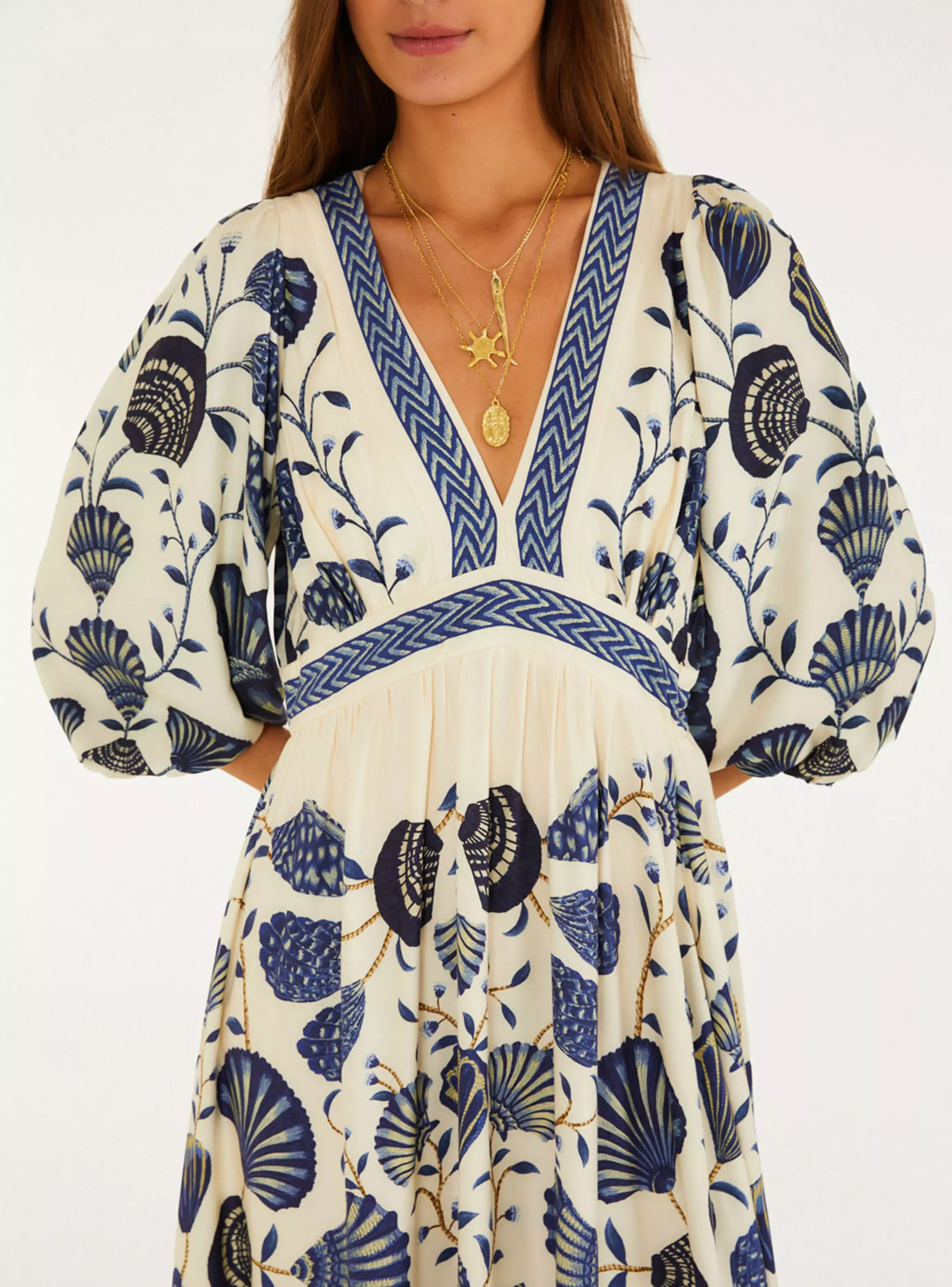 Vestido Maxi con Mangas Aglobadas Estampado Conchas-3