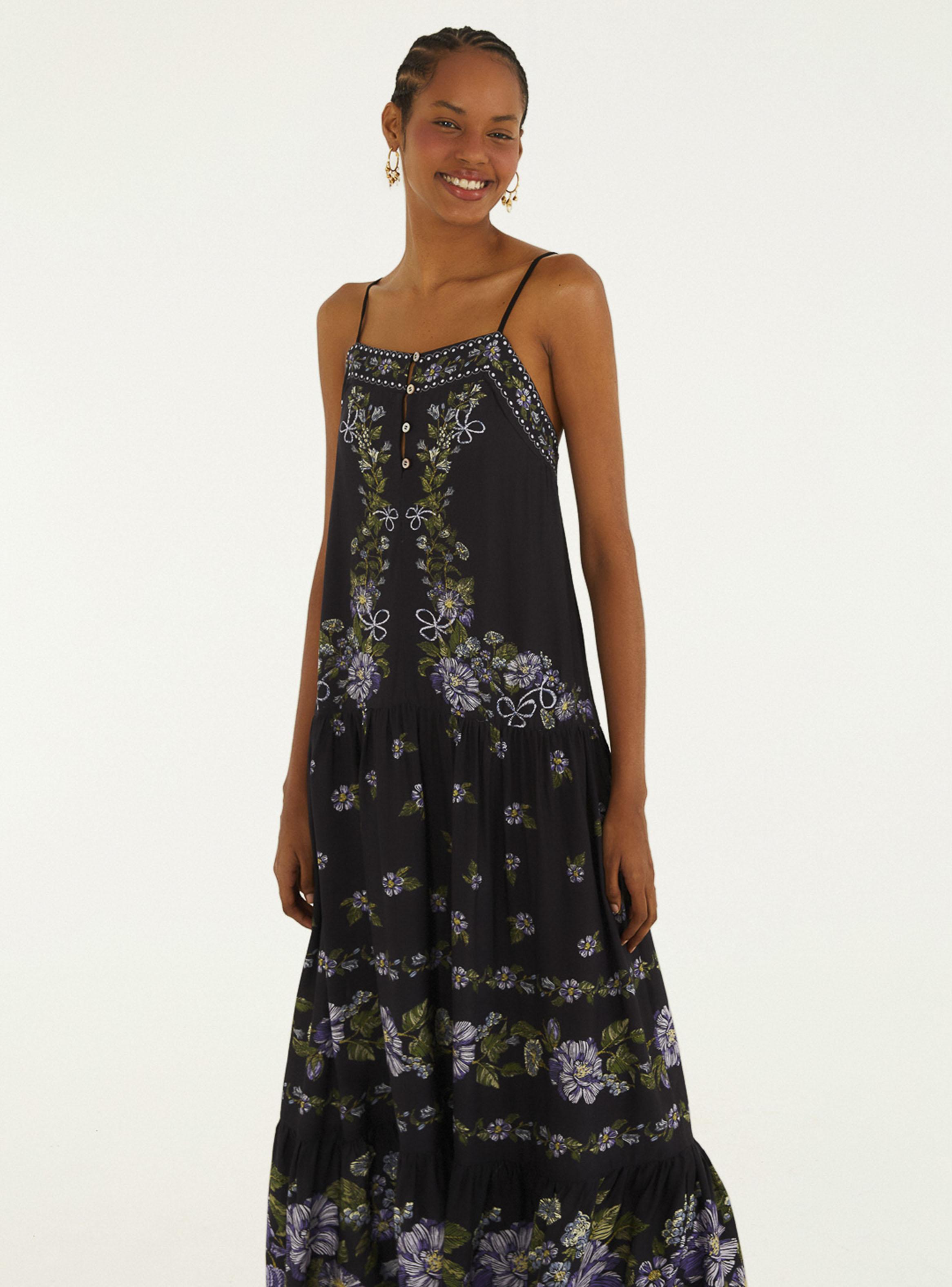 Vestido Maxi Floral con Escote Recto y Tirantes Finos-2