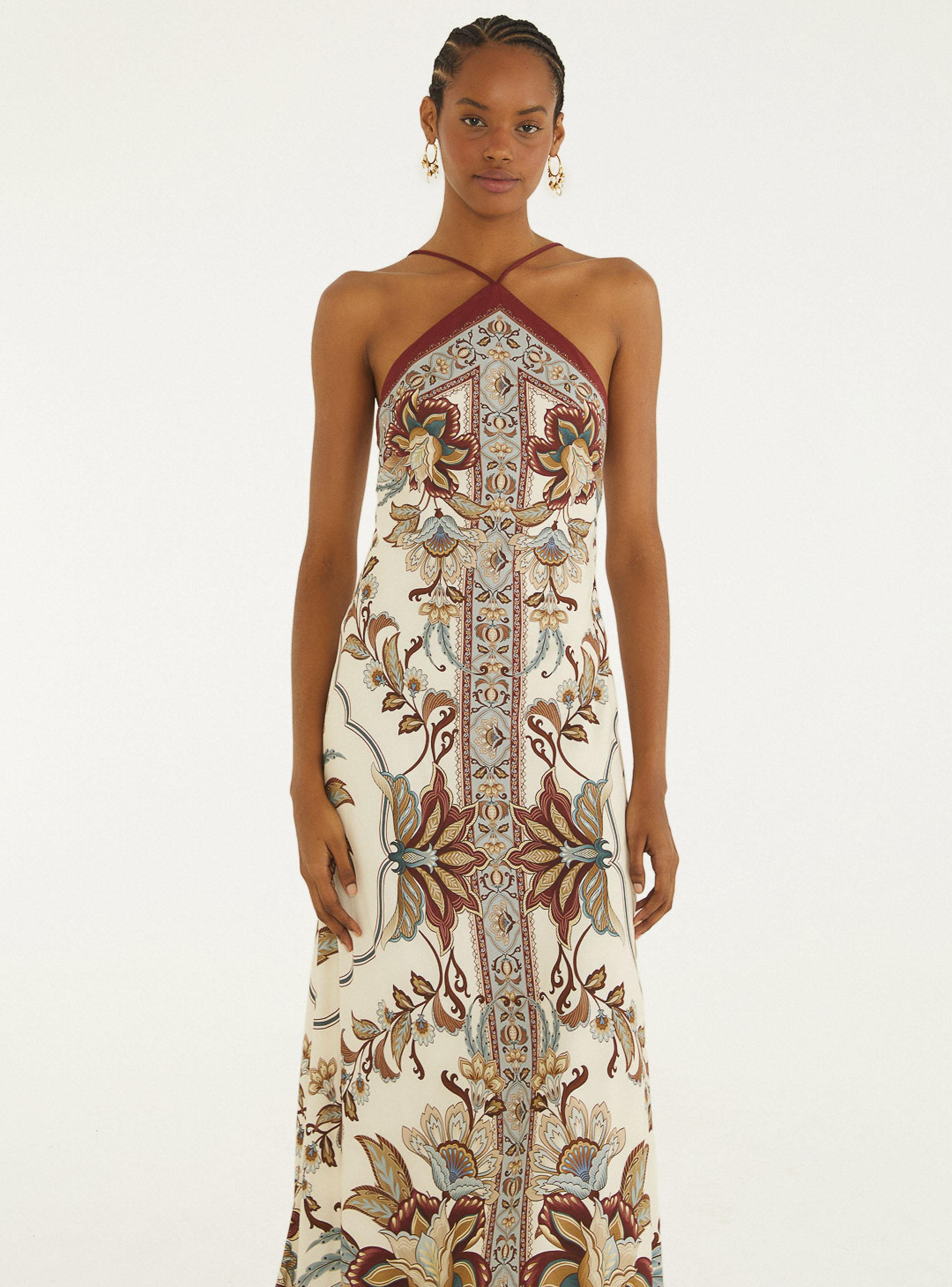 Vestido Midi Halter Estampado Ornamental Simétrico-2