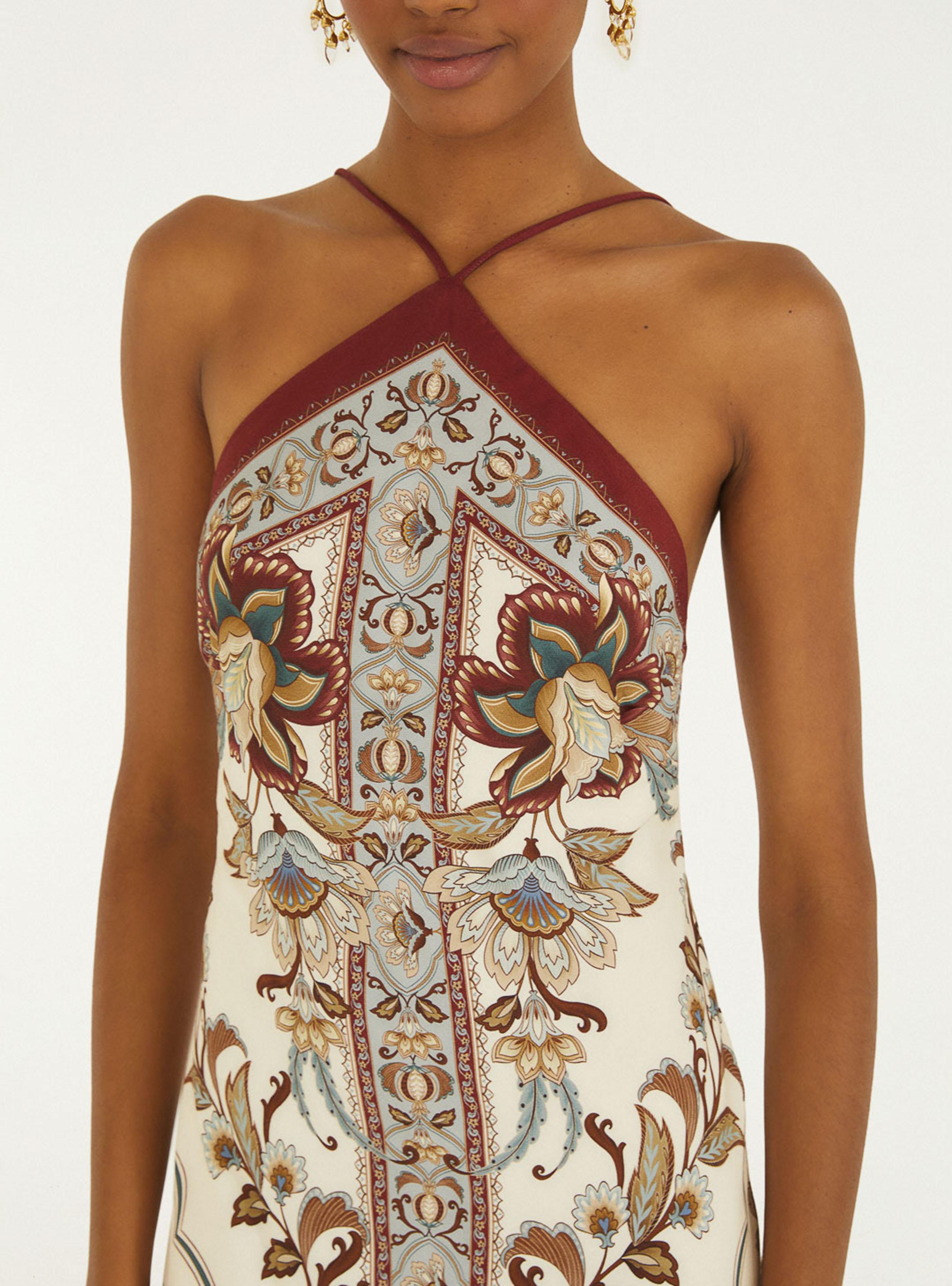 Vestido Midi Halter Estampado Ornamental Simétrico-3