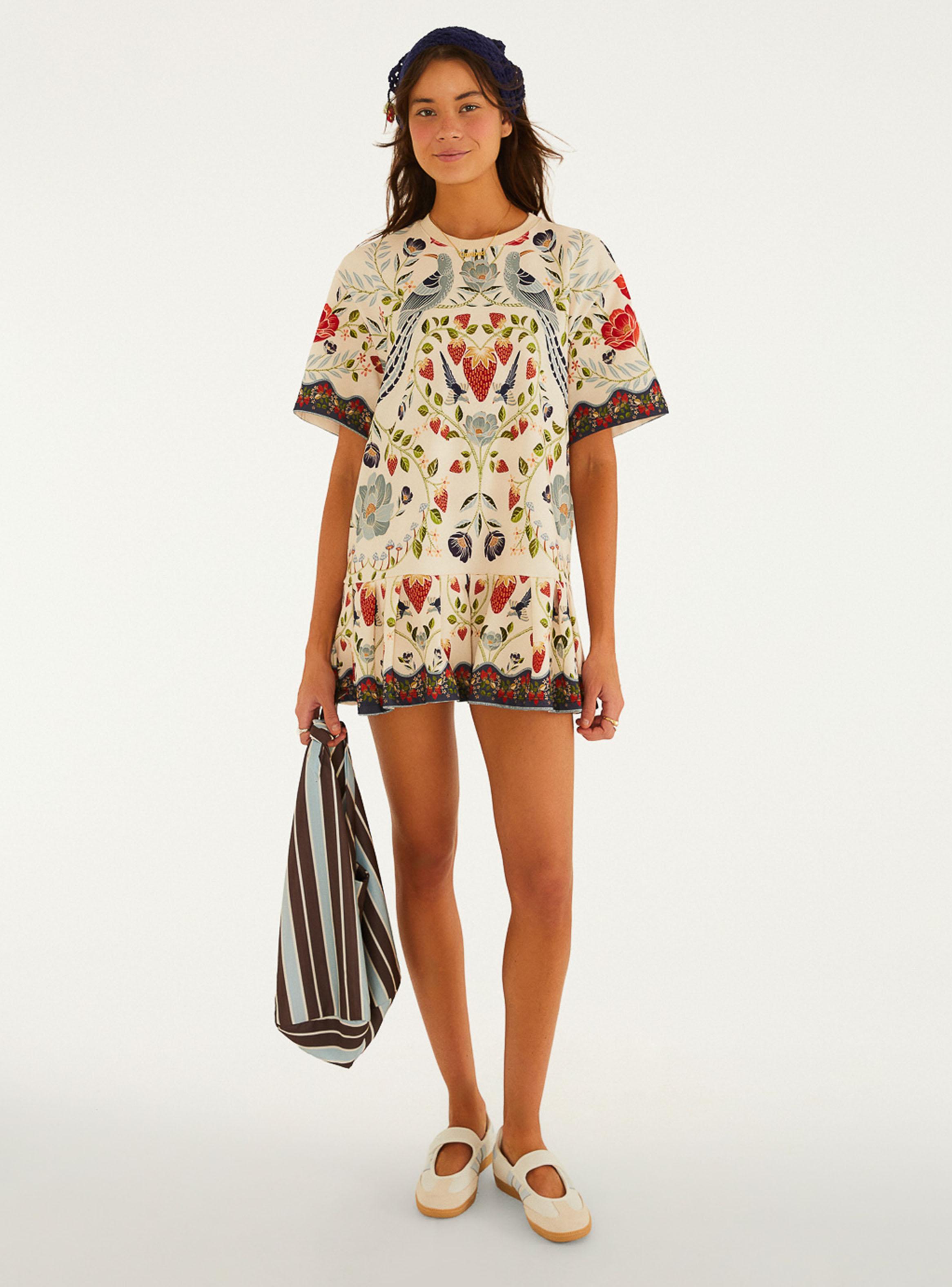 Vestido Corto Botánico Aves y Frutillas-3