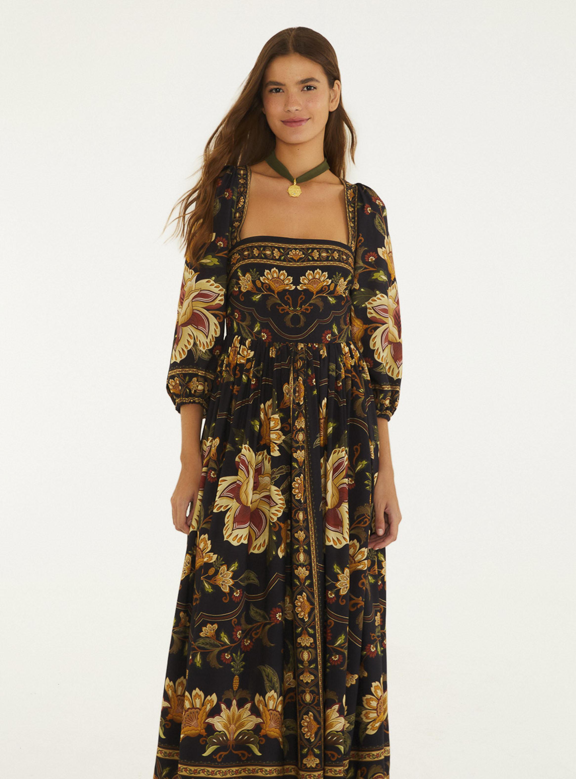 Vestido Midi Mangas Abullonadas Patrón Floral-2