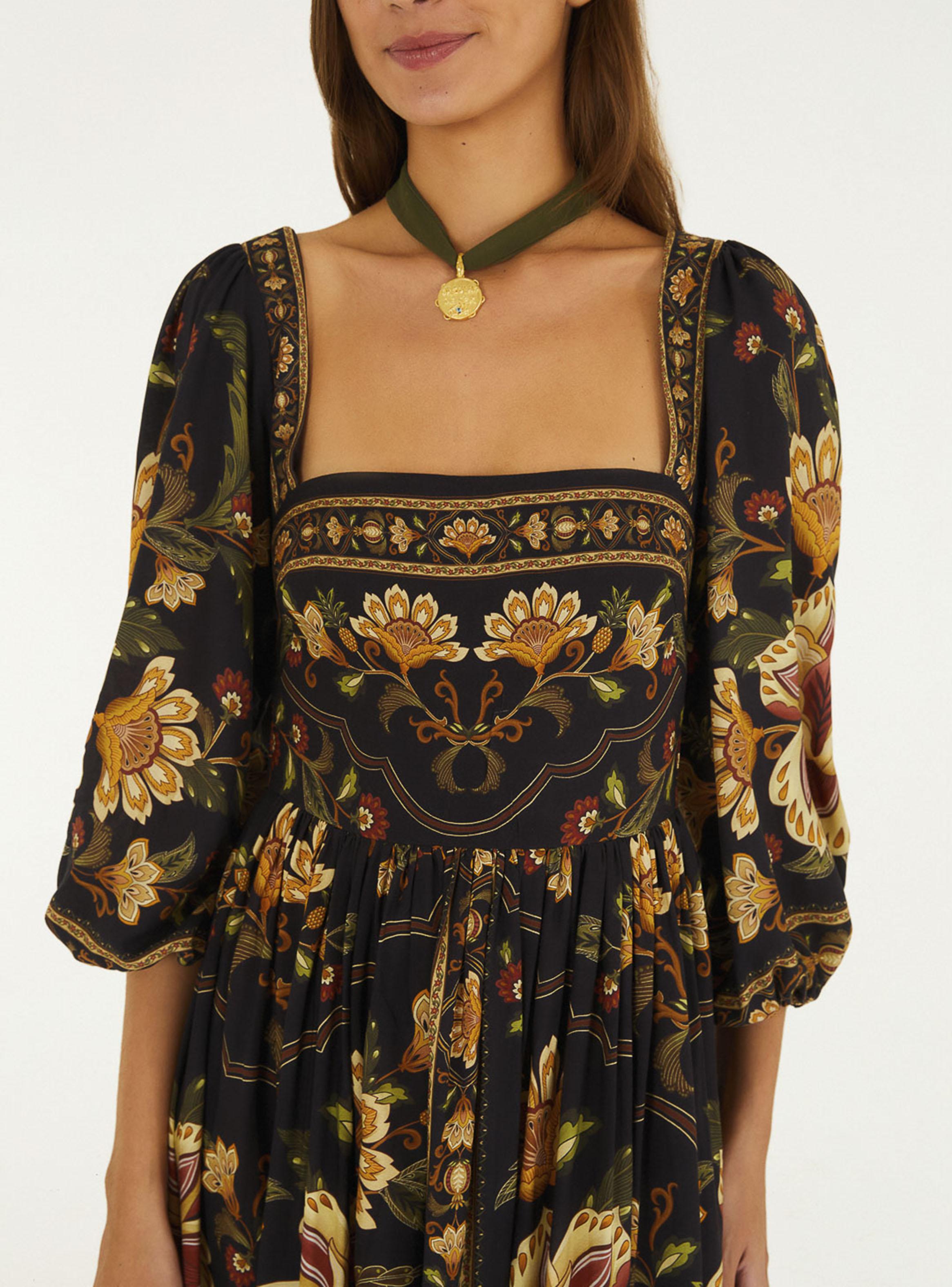 Vestido Midi Mangas Abullonadas Patrón Floral-3