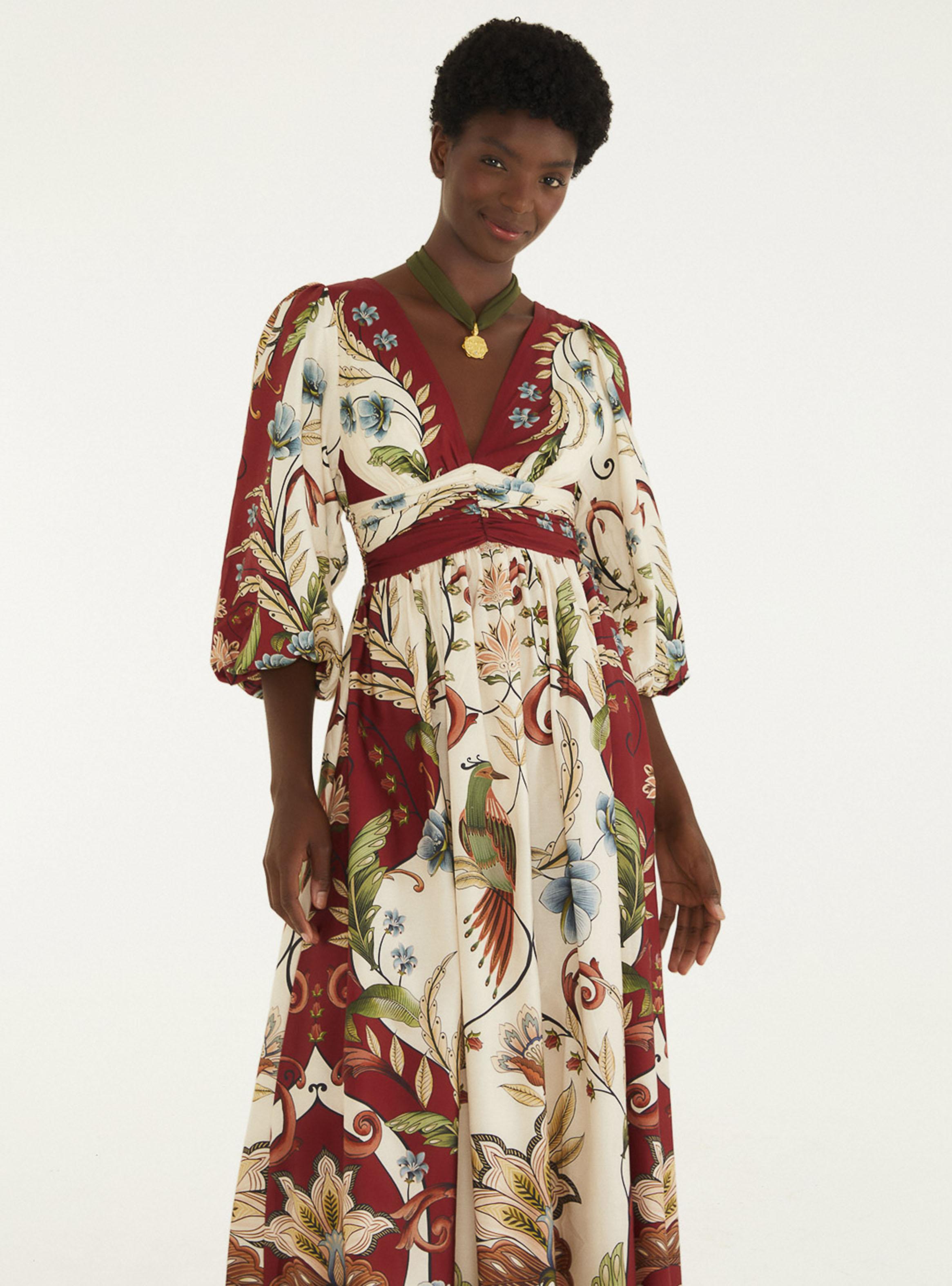 Vestido Midi Estampado Floral y Aves con Manga Aglobada-2
