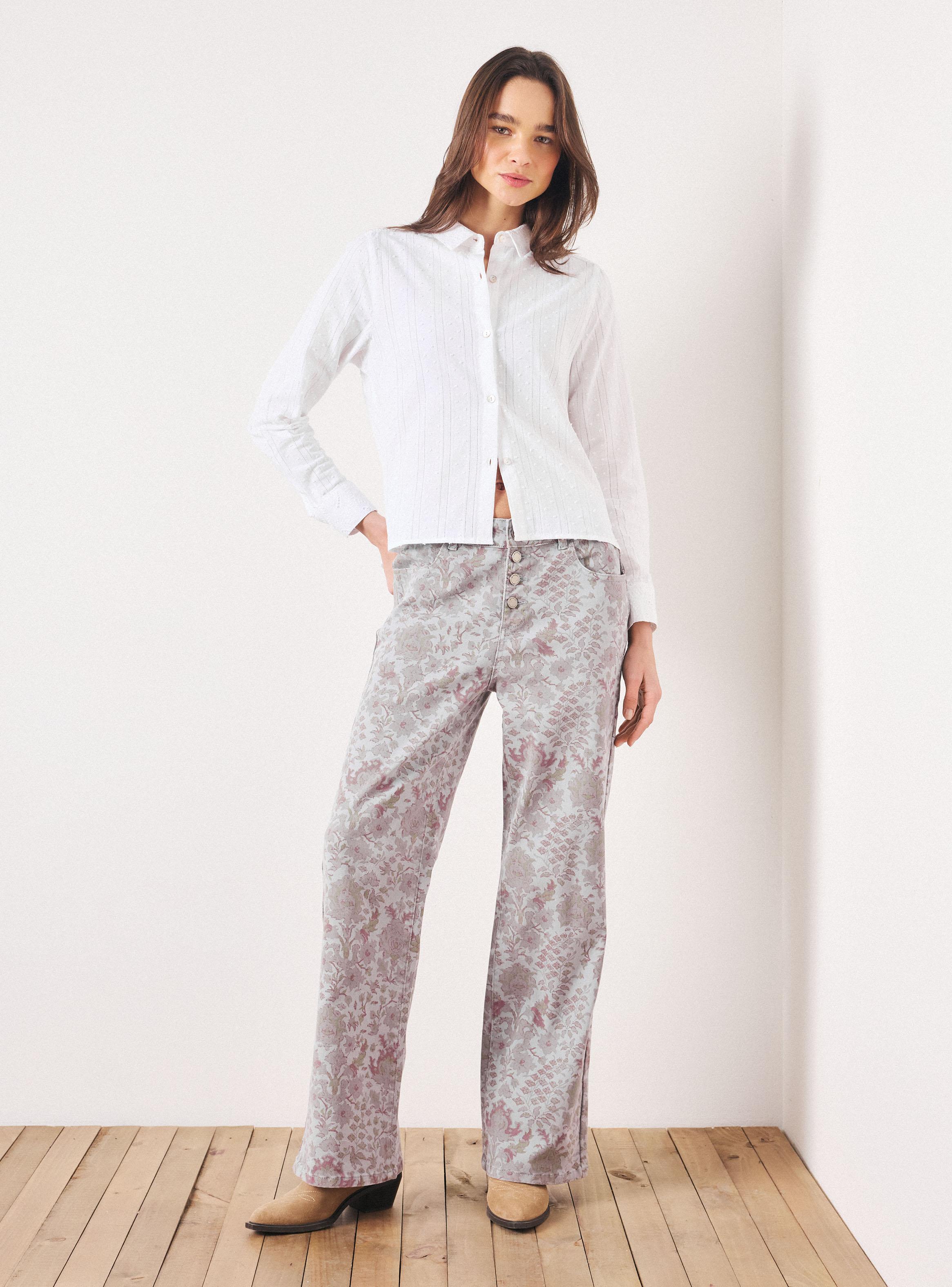 Pantalón Floral Vintage Straight Fit Medio con Botones-4